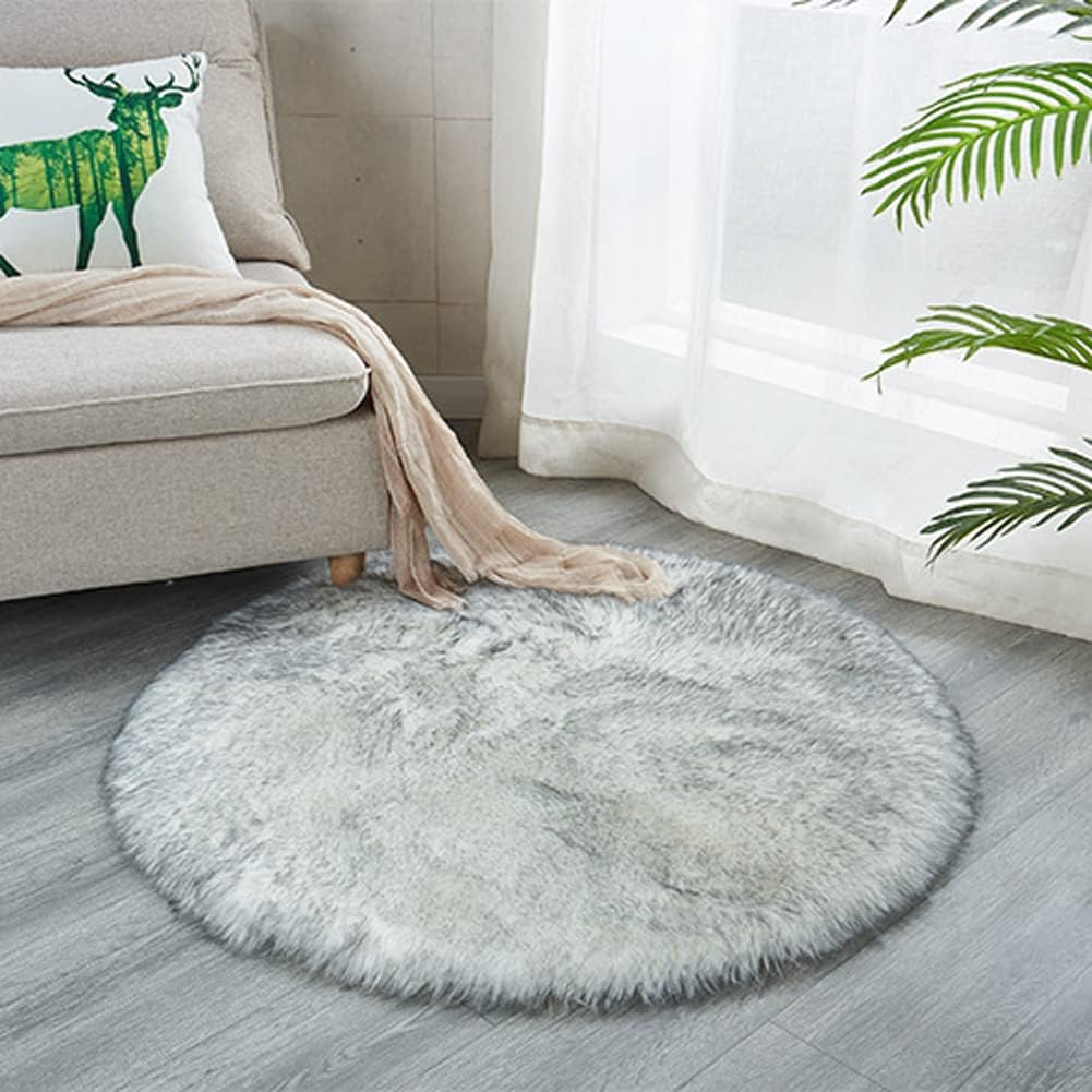 Soft Faux Sheepskin Fur Rug Fluffy Faux Fur Area Rug round Floor Mat Luxury Carpet Chair Cover Seat Pad for Holiday Chistmas Tree Skirt Shaggy Rug Bedroom Sofa Living Room (90Cm, White) - White image number 2