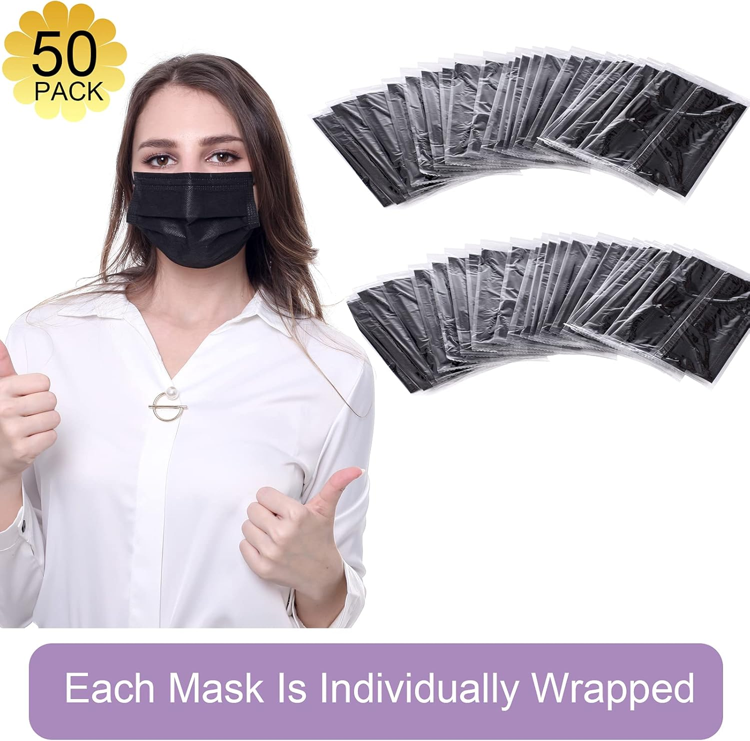 Individual Wrapped Black Face Mask 3 Ply Disposable Comfort Elastic Earloop Mask image number 1
