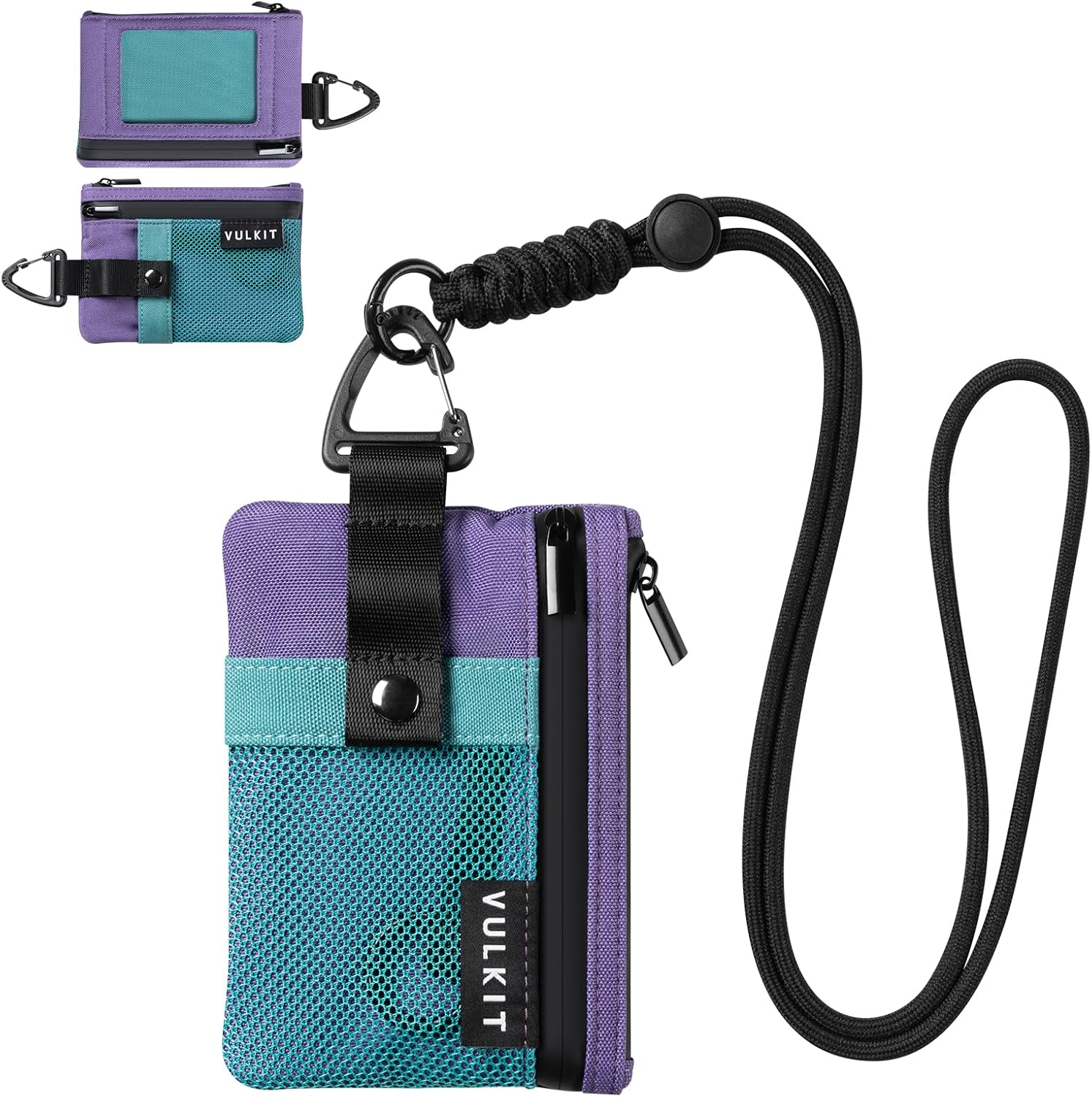 VULKIT Small RFID Wallet for Women & Men - Minimalist Zipper Wallet with ID Window, Keychain & Carabiner, Holds 15 Cards, Water Resistant Travel Lanyard Wallet Aauagreen Purple