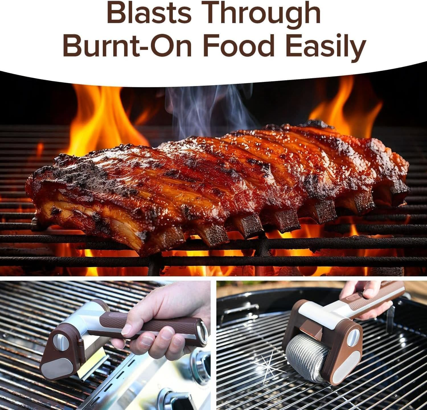 Electric BBQ Grill Cleaning Brush Cordless Electric Barbecue Brush with LED Light Detachable 350 RPM Stainless Steel Barrel Rotating Brush Drum for Outdoor Barbecuing (Brown) image number 1