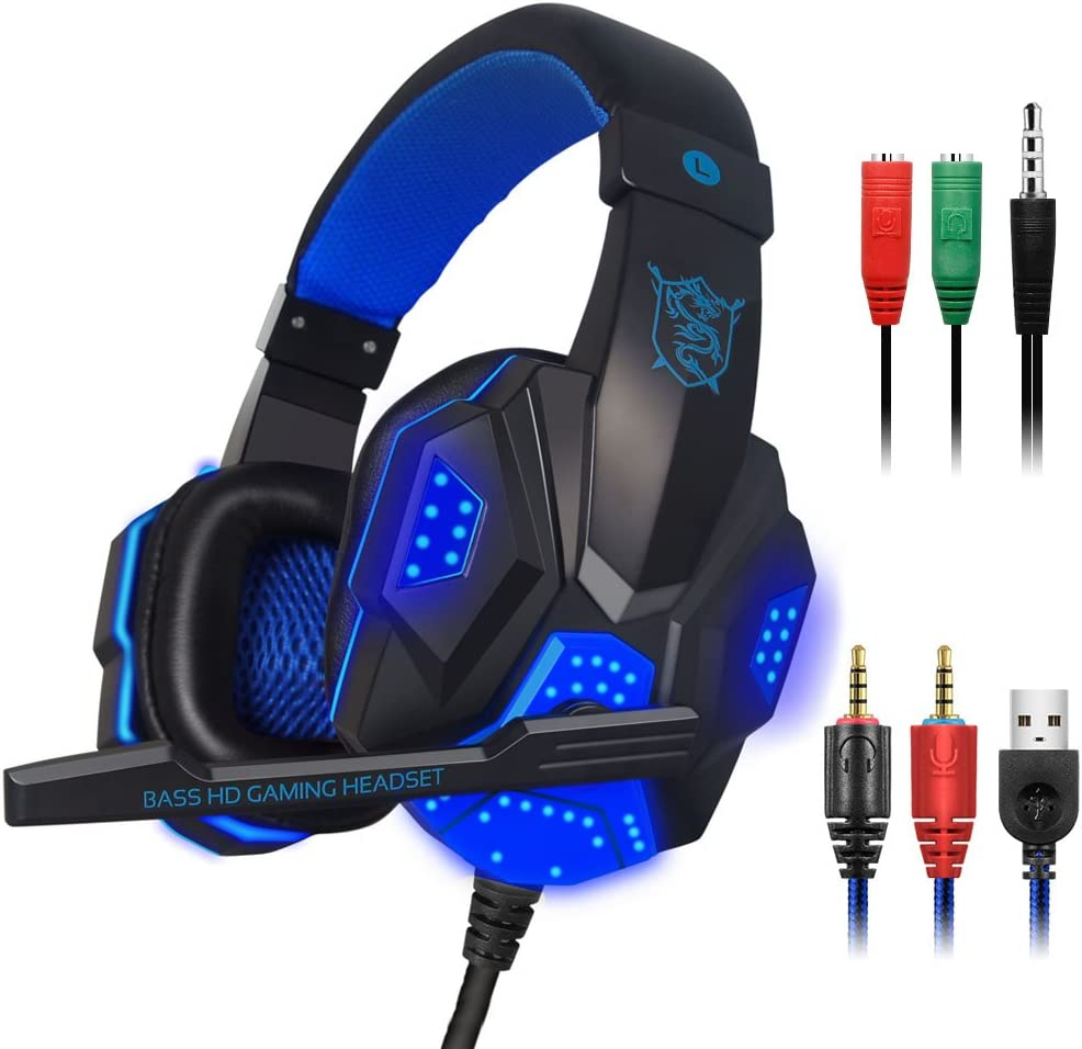 Gaming Headset with Mic and LED Light for Laptop Computer, Cellphone, PS4 and so On, Maxin 3.5Mm Wired Noise Isolation Gaming Headphones - Volume Control.(Black and Blue) image number 3