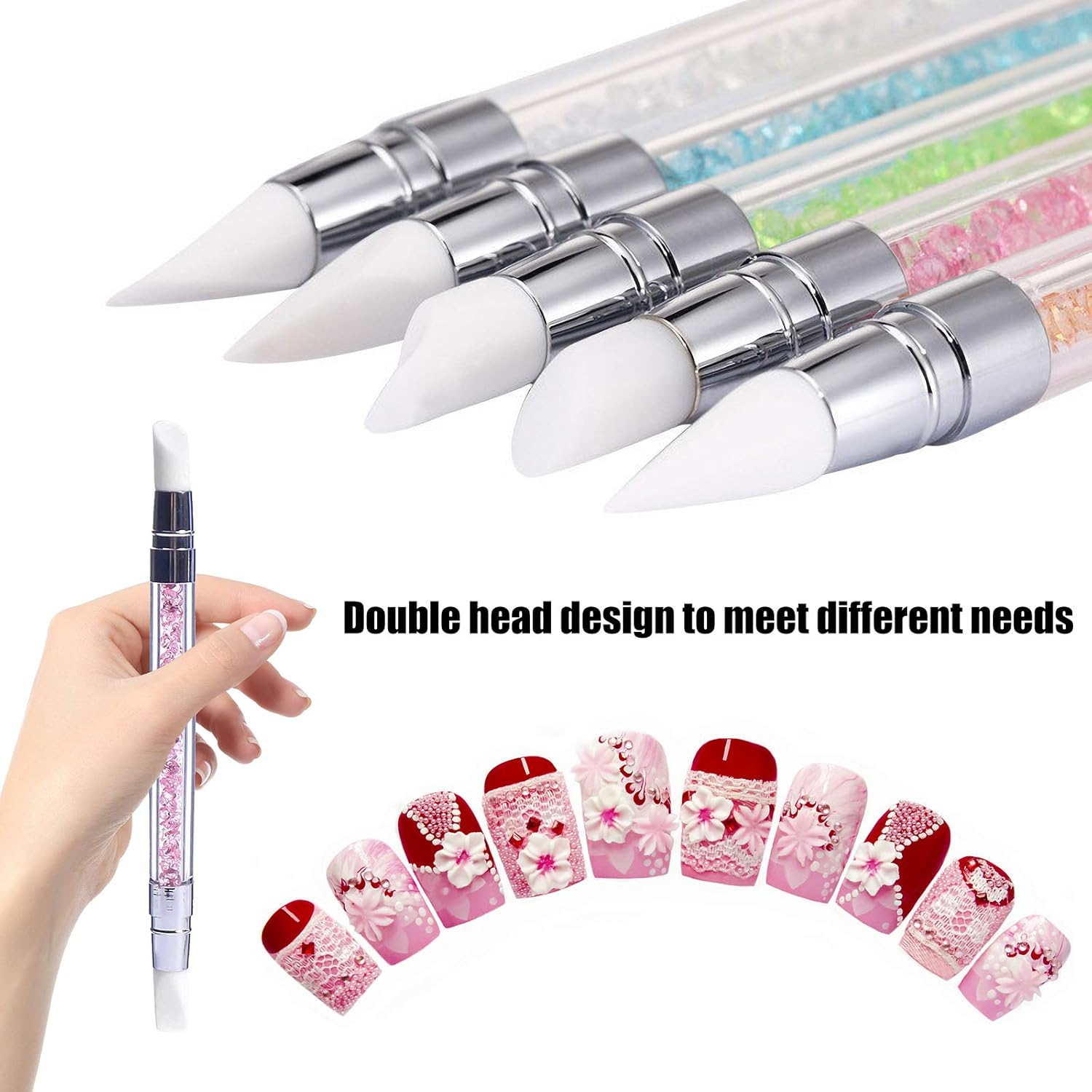 Hanyousheng 5Pcs Gel Nail Art Pen Carving Brush Silicone Head Acrylic Handle Salon Tool Set, Gel Carving Ballpoint Pen Pencil with Acrylic Rhinestone Handle, Nail Art Brush, Nail Art Pencil image number 4
