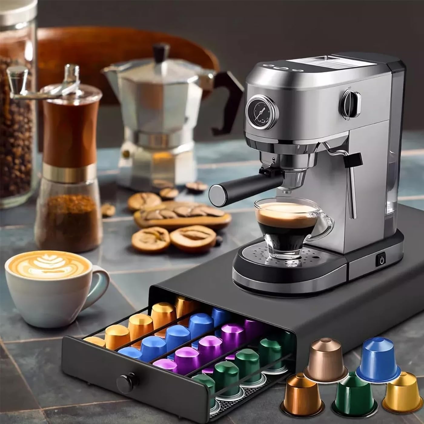 Coffee Pod Capsule Drawer Countertop Organizer Compatible for Nespresso，Metal Coffee Pod Holder 40 Capsules Capacity for Office Kitchen Counter image number 1