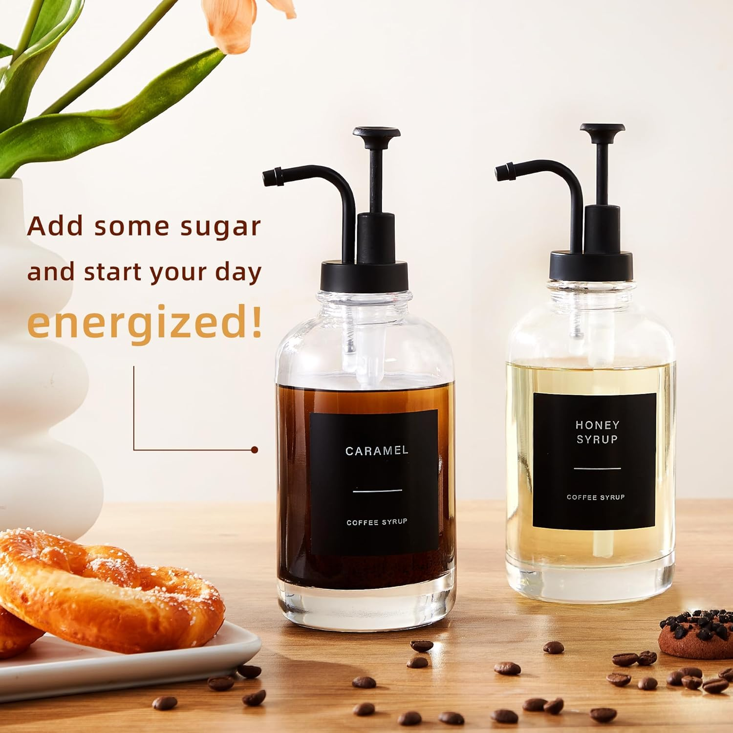 Coffee Syrup Dispensers for Coffee Bar(Set of 4), Coffee Syrup Pump Dispenser for Coffee Bar Accessories, 16.9 Oz Glass Syrup Dispenser with 36 Labels, Coffee Syrup Bottles with Matte Black Pump image number 2