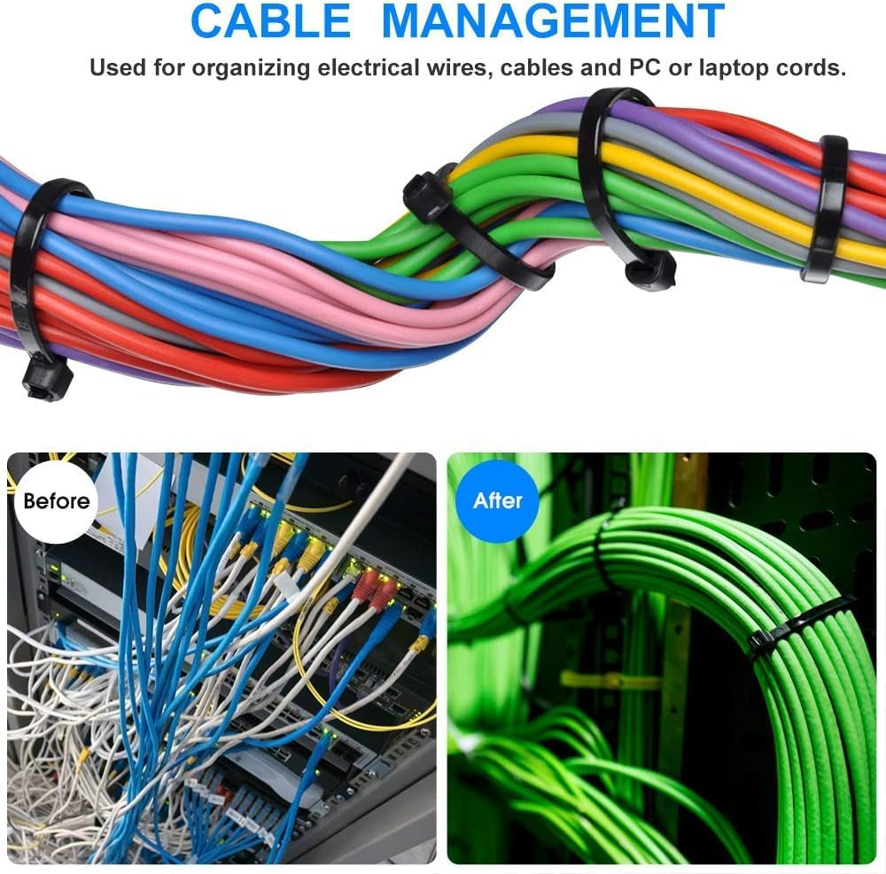 BUYLONG Cable Ties, 400 Pieces Black Various Sizes (6" + 8" + 10" + 12", Multi-Purpose Self-Locking Nylon Cable Wire Management, Plastic Wire Ties for Home, Office, Garden, Workshop