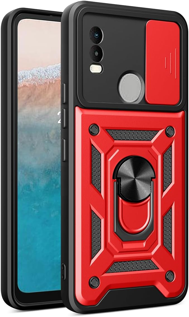 YSONCHAN Case for Nokia C21 Plus, Protective Case with Shockproof Lens Cover, Bumper Mobile Phone Case with Magnetic Ring and Rotating Stand, Robust Case, Red