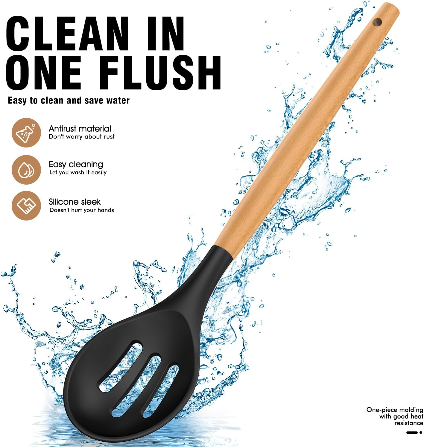 Silicone Cooking Utensils Set - Silicone Kitchen Utensils for Cooking Wooden Handles, 446&deg;F Heat Resistant Kitchen Utensil Spatula Sets W Holder, Gadgets for Non-Stick Cookware BPA Free (Black) - Black image number 2