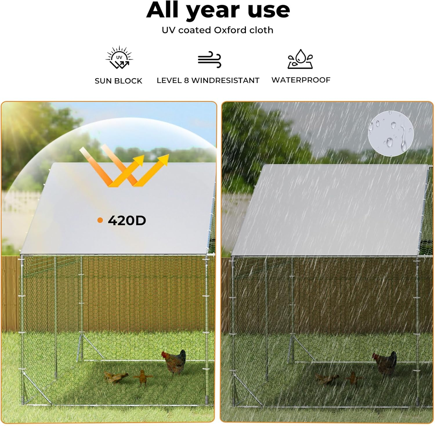 Pawz Chicken Coop Large Rabbit Hutch Pet Cage,Thick Galvanized Metal Hen House with Waterproof Sun-Protective Cover,Walk-In Poultry House Coops Hen Run Ferret Habitat Farm Enclosure,600X300X194Cm