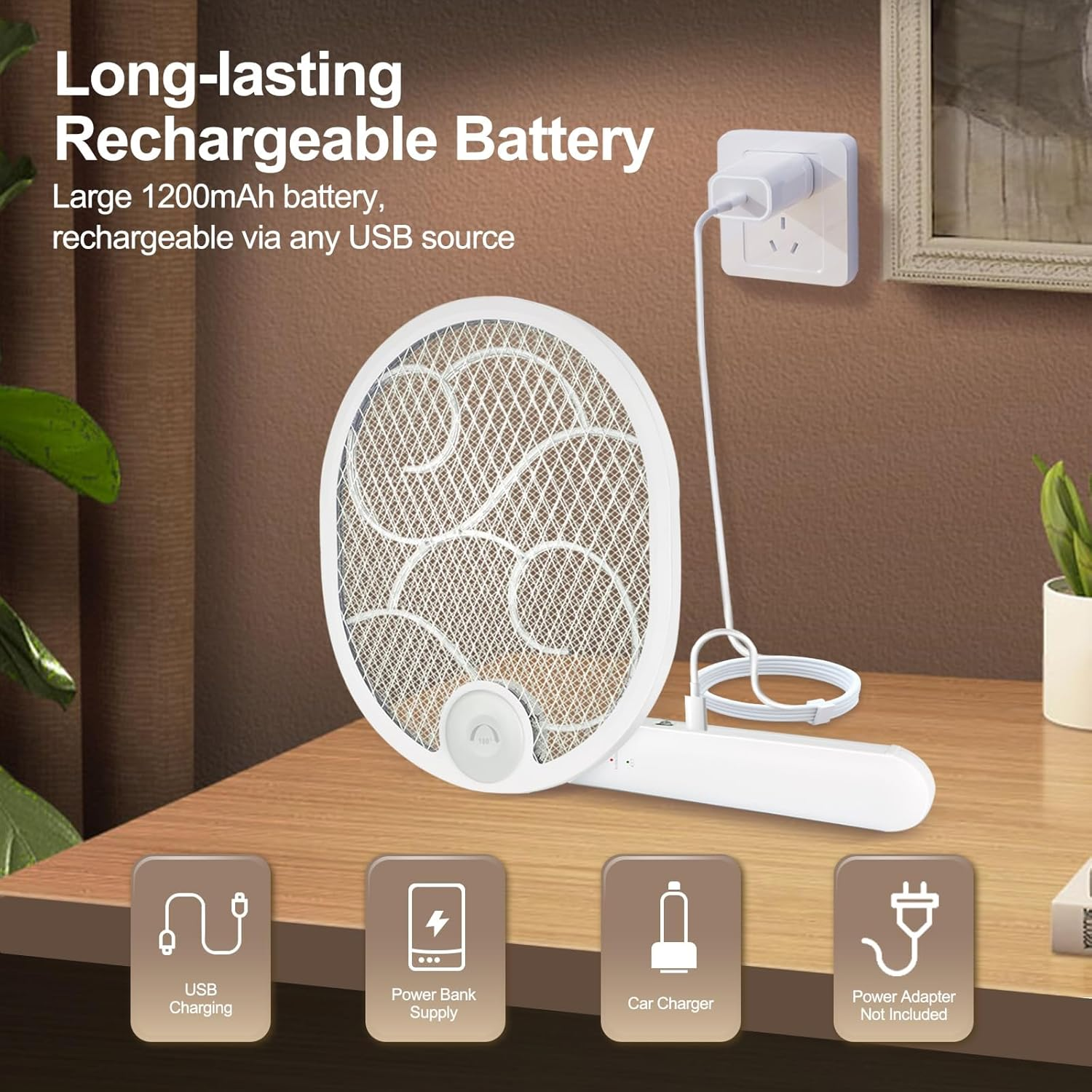 Foldable Electric Fly Swatter Racket, USB Rechargeable with 1200Mah Battery, Large 2 in 1 Bug Zapper Racket, Fly Killer and Mosquito Trap Lamp, for Indoor and Outdoor Home Backyard Patio Camping image number 1