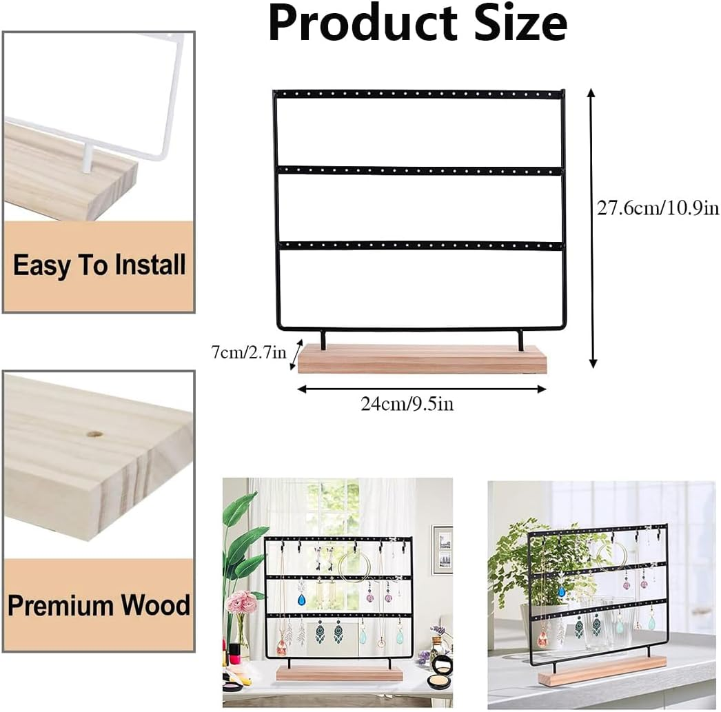 Earring Holder Jewelry Display Stands, 3-Tier 72 Holes Earring Organizer Stand Jewelry Holder Organizer Wooden Base Women'S Jewelry Tower Home and Office Decor for Hanging Earrings (Black) - White image number 6