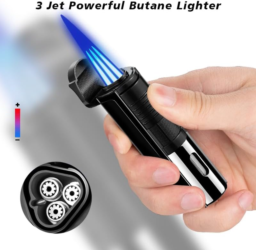FOJI Triple-Flame Jet Torch Lighter, Mini Butane Torch with Refillable Butane System, Built-In Cutter & Adjustable Flame &ndash; Windproof Fire Starter for Candles, Camping, and Outdoor Adventures (Gray) image number 3