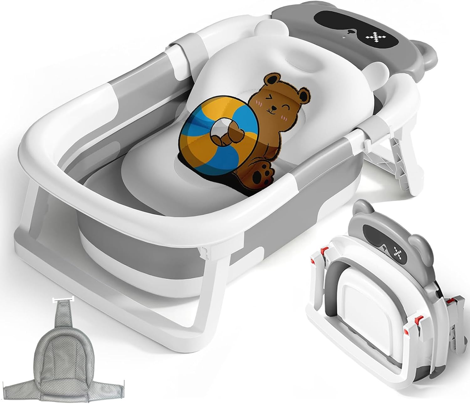 STEUGO Baby Bath Tub for Newborn with Seat Support Cushion Stand with Soft Cushion Baby Bathtub Newborn Totoddl Bath Tub for Baby 0-3 Years Travel Portable Bathtub（Grey）