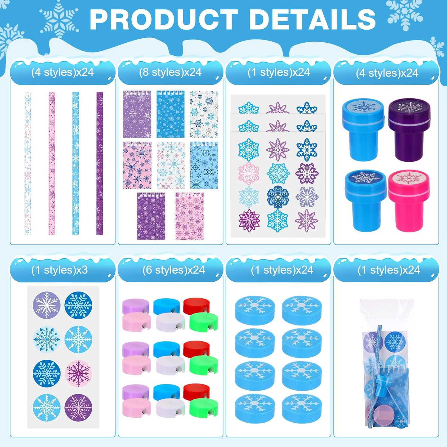 192 Pieces Christmas School Stationery Set Xmas Classrooms Exchange Stationery Gifts Party Favors Class Reward Prizes Notebooks Pencils Sharpener Erasers Stickers Stamps for Party Supplies (Snow) image number 6