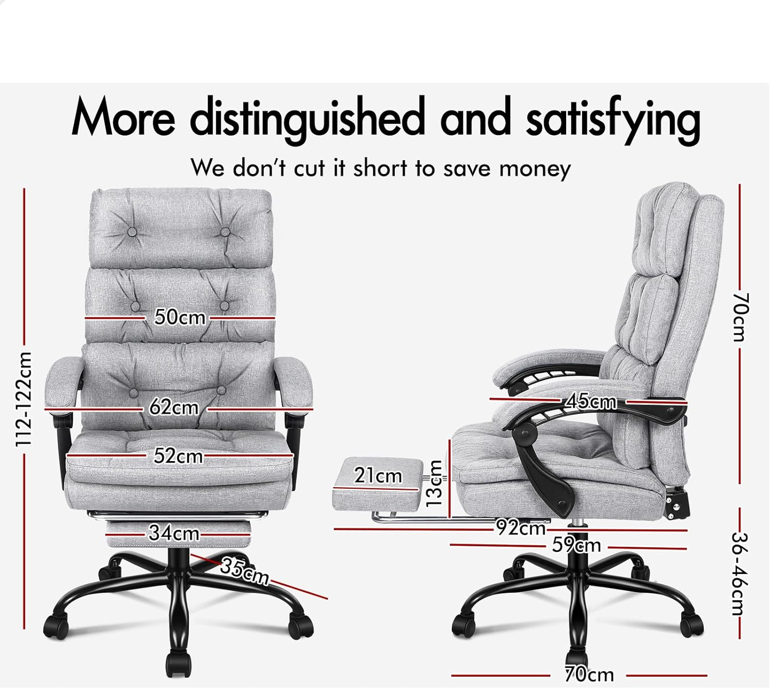 ALFORDSON Ergonomic Executive Office Chair with Footrest, High Back Desk Computer Chair Recliner for Home Office Study Student, Fabric Wide Seat Video Gaming Chair, Palmer Fabric Grey - Fabric Grey image number 6