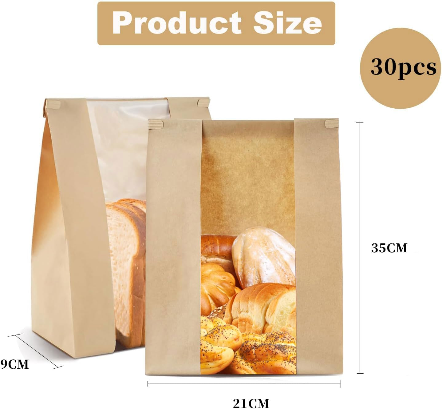 ZERIFAM 30Pcs Paper Bread Bags with Window - Paper Sourdough Bread Bags with Tin Strip Large Bakery Bags image number 1