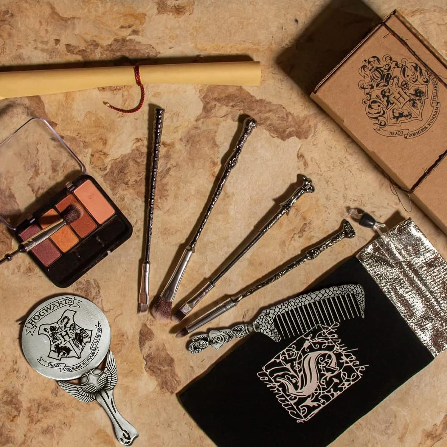 Harry Gifts for Women, Potter Makeup Brushes with Mirror & Comb, Christmas Birthday Gifts for Kids, Silver image number 1