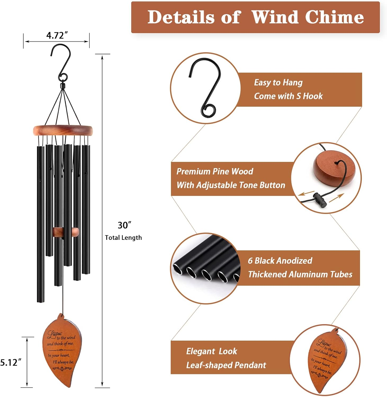 Soopau Memorial Sympathy Wind Chimes, Sympathy Gift Baskets in Memory of a Loved One Mother Father for Memorial/Bereavement/Condolence, 30" Wooden image number 6