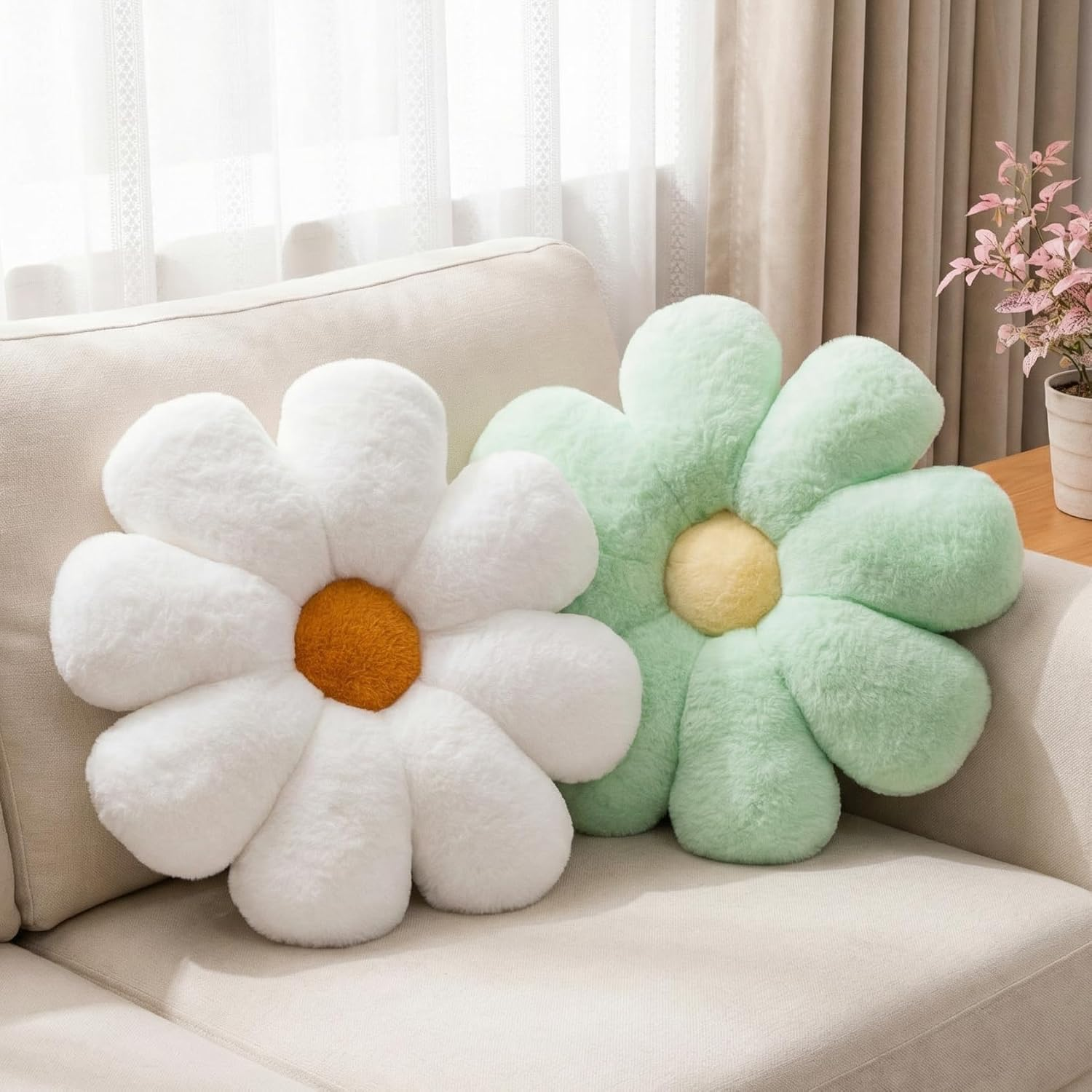 2 Pcs Flower Pillow Floor Cushion Decorative Throw Pillows Cute Aesthetic Pillows Cushions for Bedroom Preppy Room Bed Sofa Chair Decor (Yellow & White)