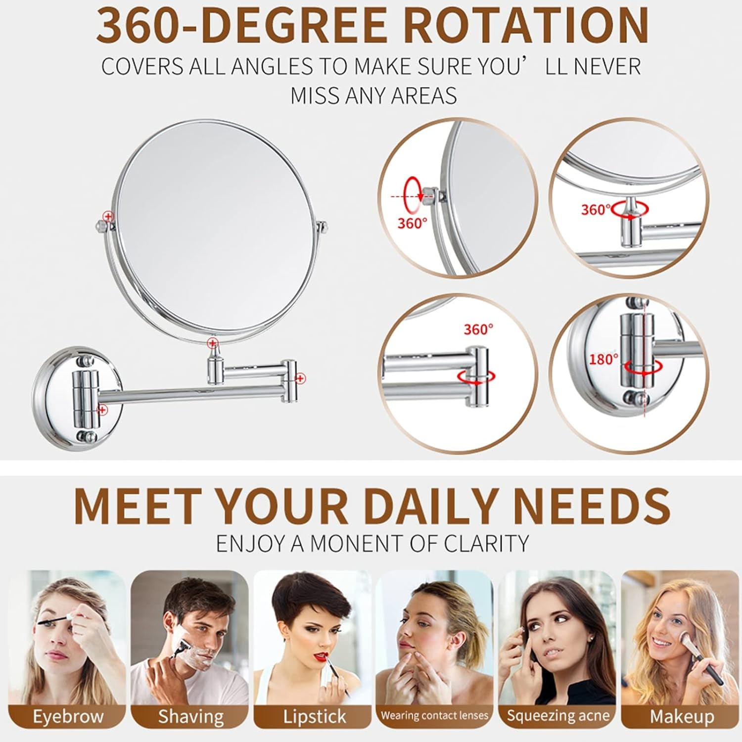 8" Wall Mounted Makeup Mirror, Double Sided Magnifying Mirror, 360&deg; Swivel Extendable Shaving Vanity Mirror for Bathroom,Brushed Gold,10X image number 7