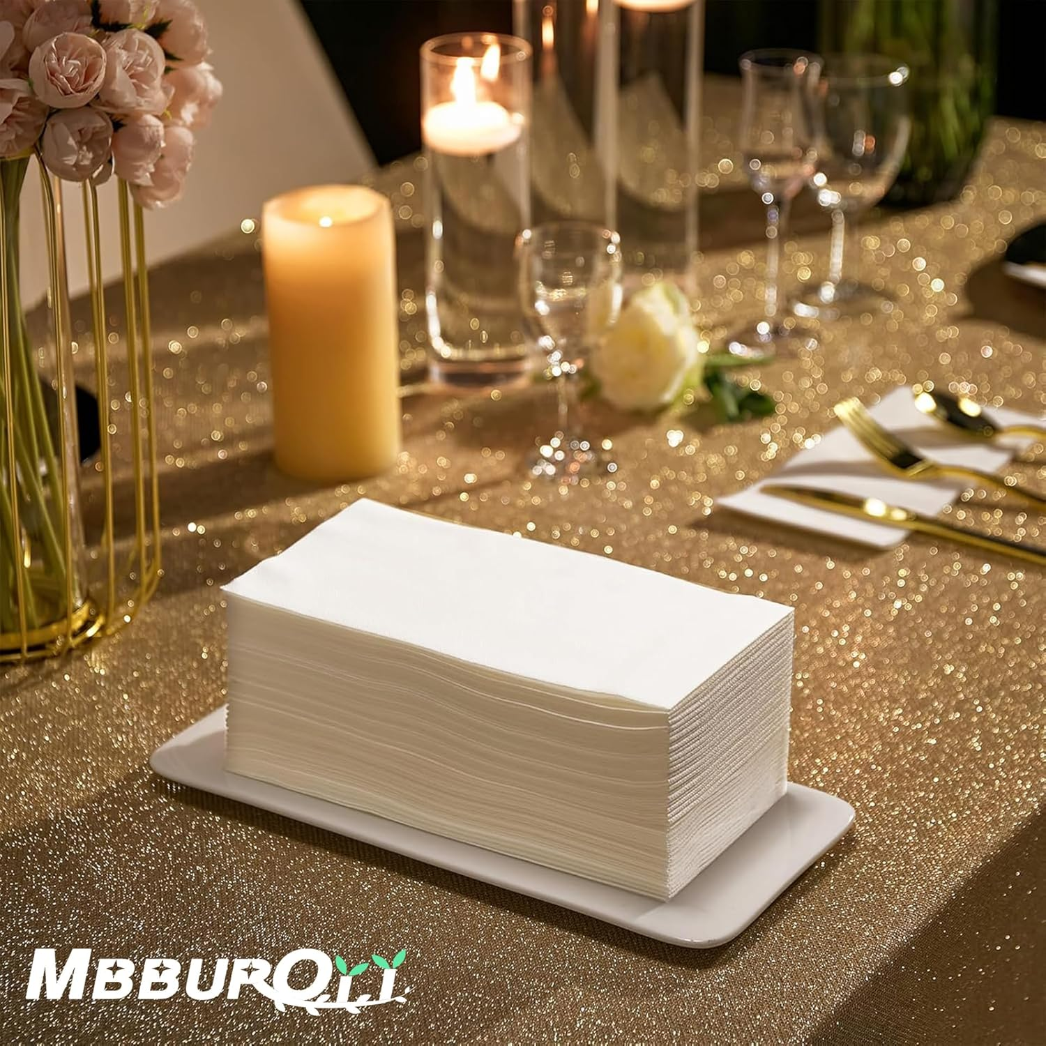 MBBUROYY Linen Feel Guest Towels Disposable Napkins Soft, Absorbent, Paper Hand Towels for Kitchen, Bathroom, Parties, Weddings, Dinners or Events (White, 100 Pack) - 200 Count image number 3