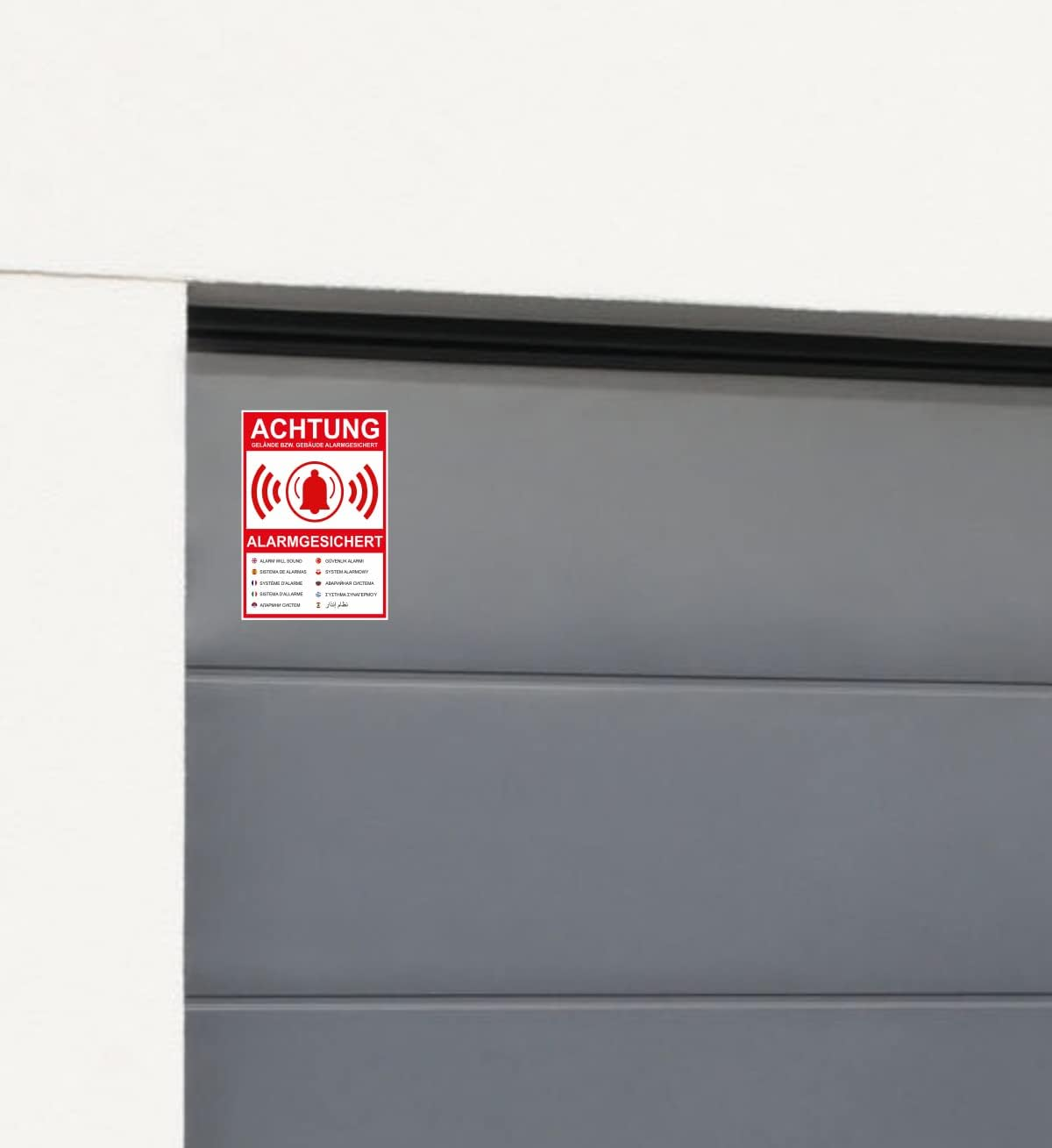 Warning Alarm Secured Safety Sticker - Safety Sticker for Secured Buildings or Site in 10 Languages (16 X 23 Cm) White Background with Black Lettering TC-037 image number 1