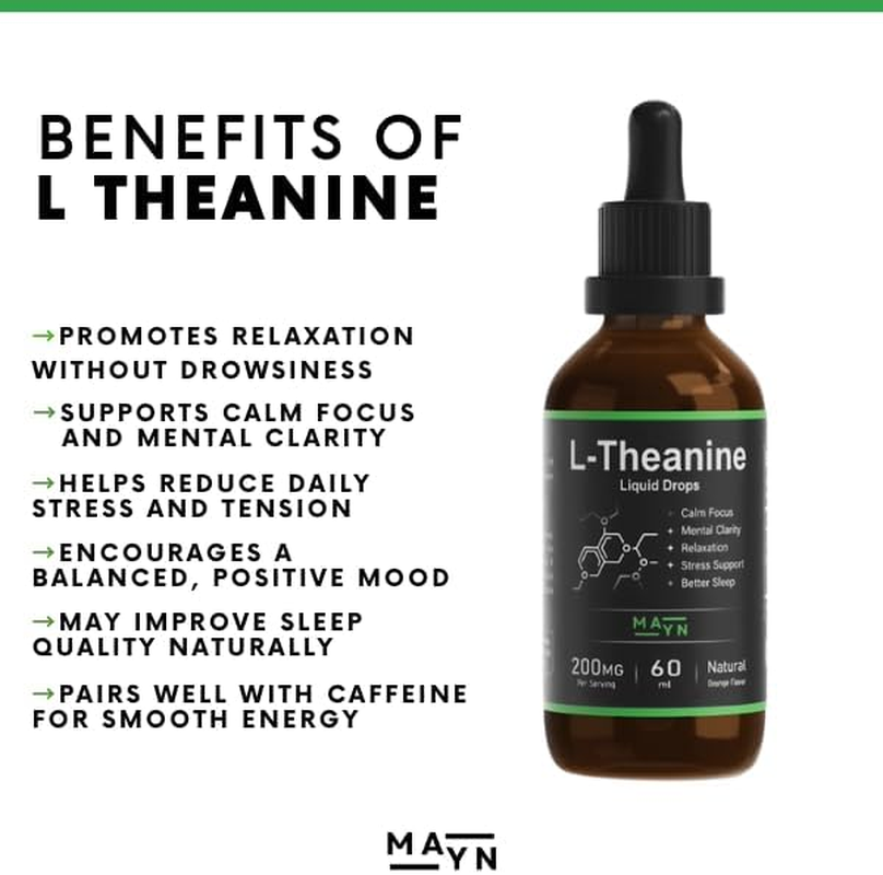 MAYN L-Theanine Liquid Drops &ndash; Natural Relaxation, Stress Relief & Focus Support Supplement &ndash; 200Mg Vegan, Non-Gmo, Clean Formula for Calm Mood & Mental Clarity &ndash; 60Ml image number 3