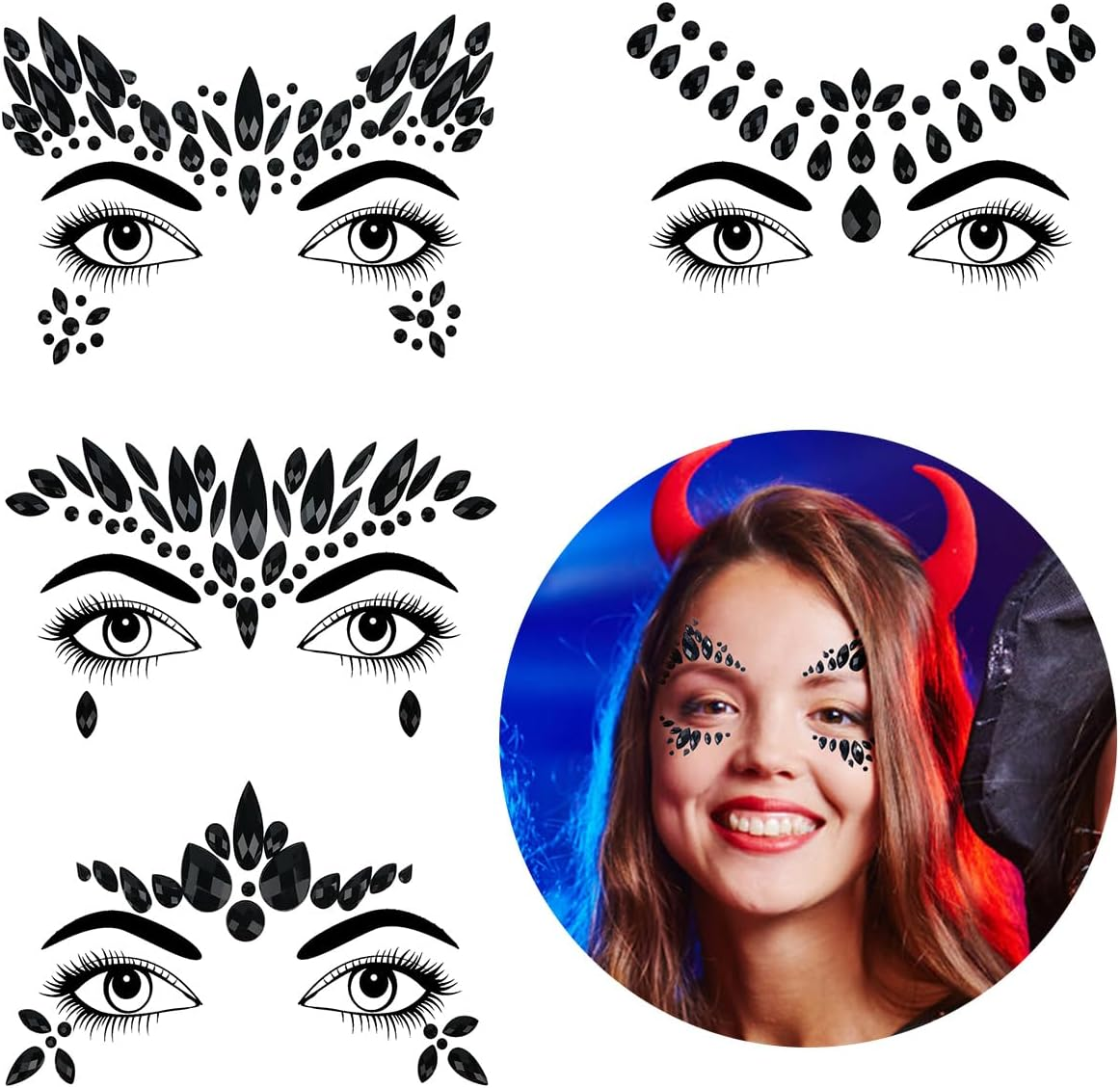 Bowitzki Halloween Face Jewels Festival Design Women Mermaid Face Gems Rhinestone Crystals Stickers Eyes Body Temporary Tattoos (4 Set B)