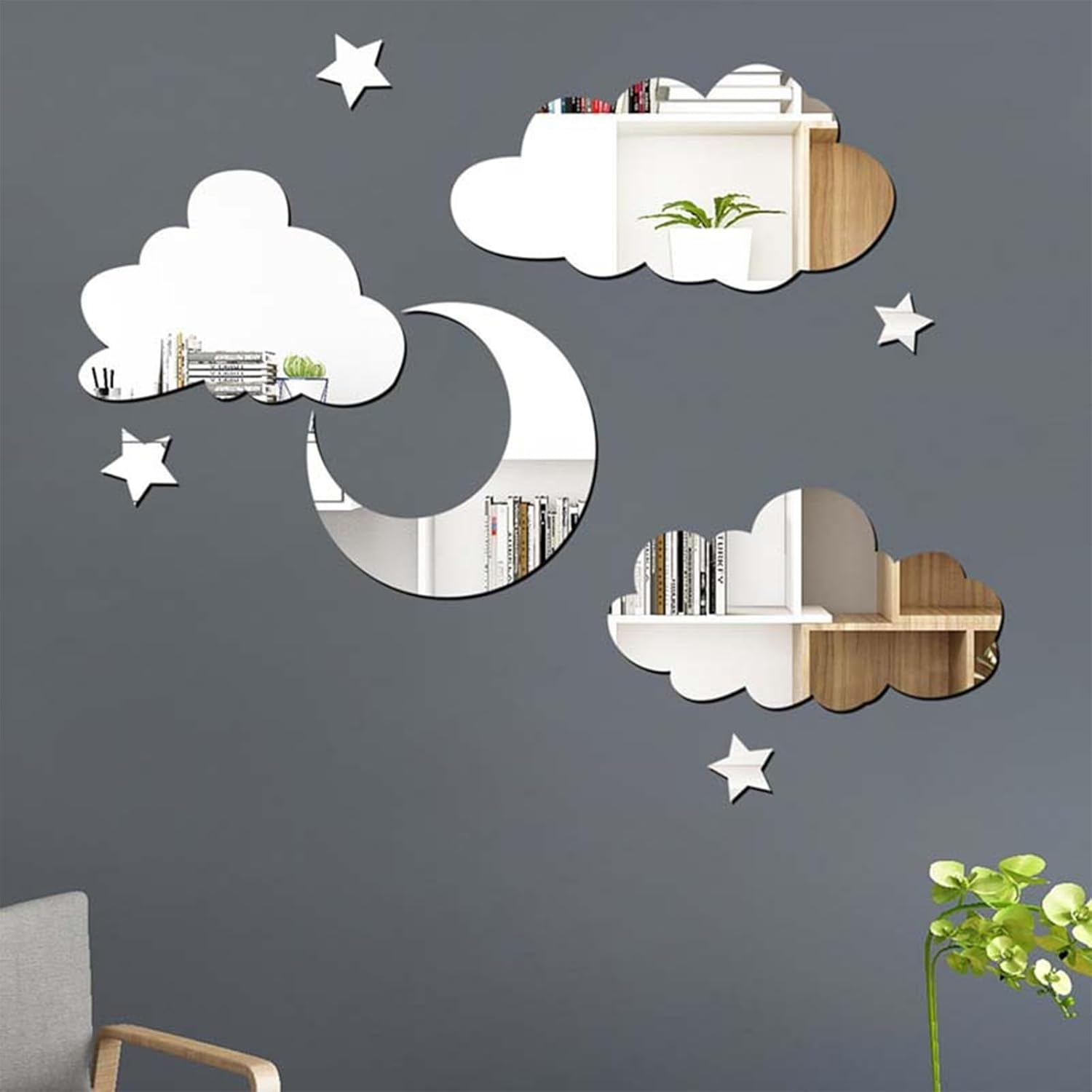 3D Moon and Clouds Mirror Wall Decor Acrylic Mirror Wall Decals Self Adhesive Decorative Moon Star Cloud Wall Decals for Baby Kids Children'S Living Room Bedroom Nursery Wall Decor image number 3