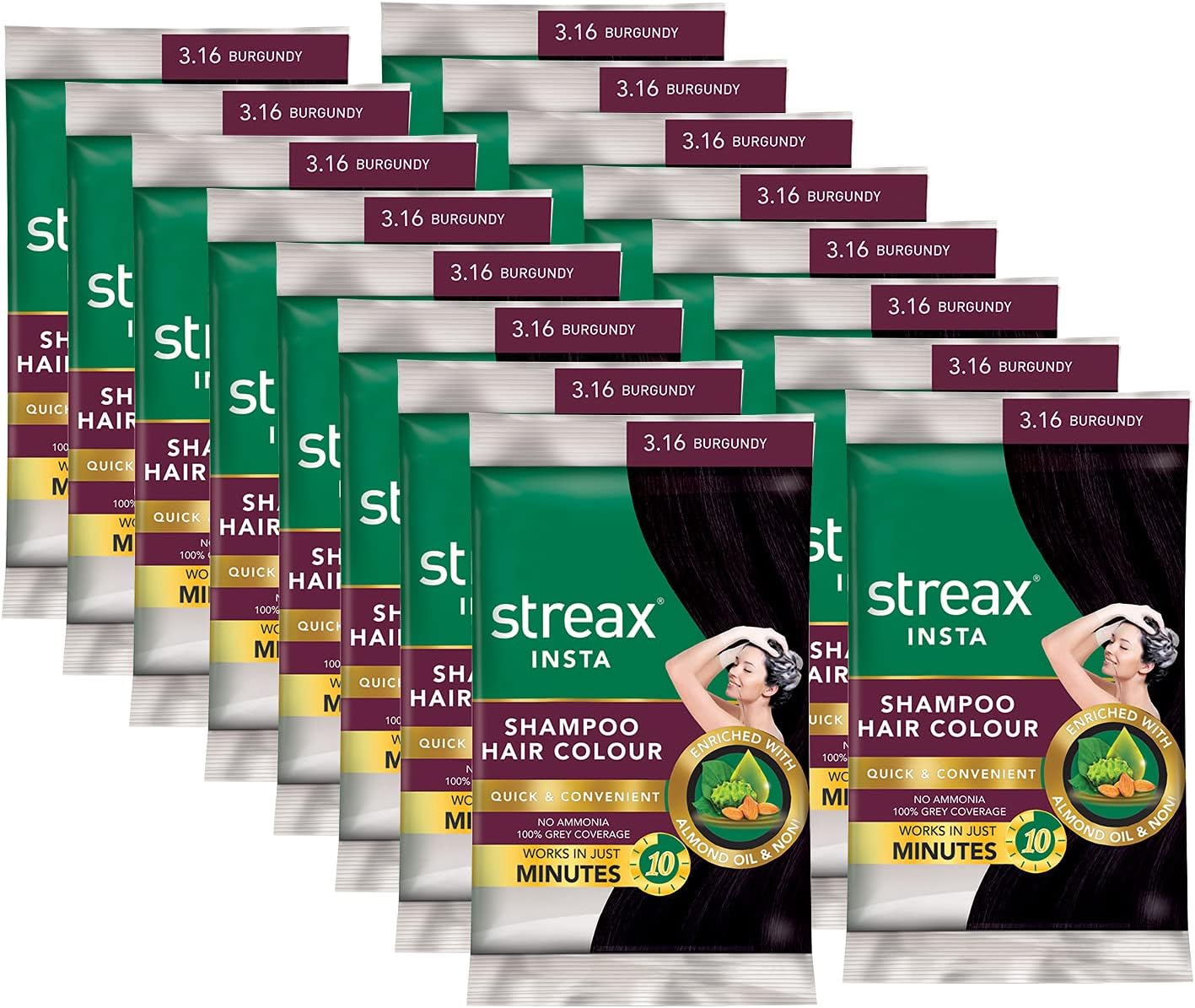 Streax Insta Shampoo Hair Colour for Men & Women | Enriched with Almond Oil & Noni Extracts | Long-Lasting Instant Colour | Burgundy, 15 Ml (Pack of 16) image number 2