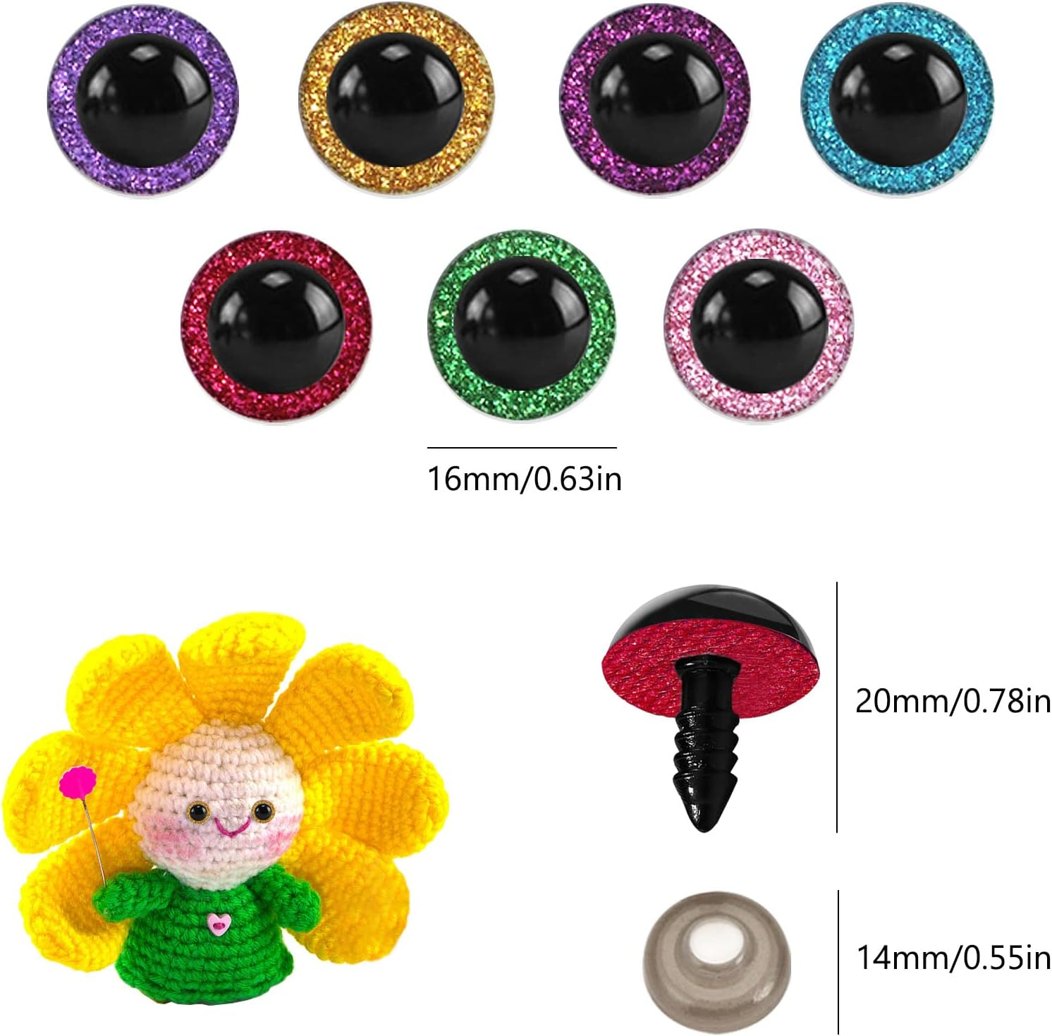 70 Pieces Large Safety Eyes, Sourceton Animal Glitter Plastic Eyes for DIY of Puppet, Bear, Crafts Doll Making Supplies (7 Color, Each 10) image number 3