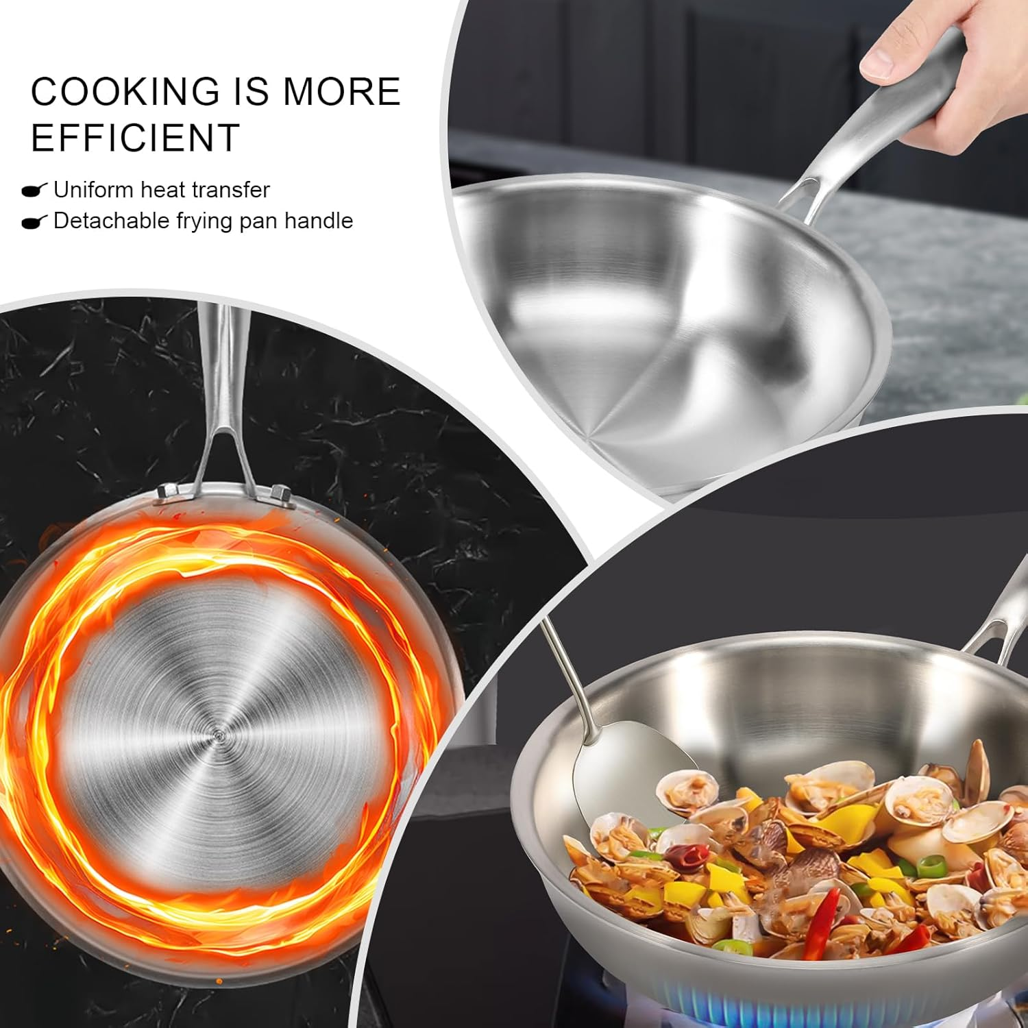 Stainless Steel Frying Pan with Lid Non Stick Open Skillet for All Stoves Induction Cooktop Compatible Camping Frying Pan 10 Inch 26Cm image number 4