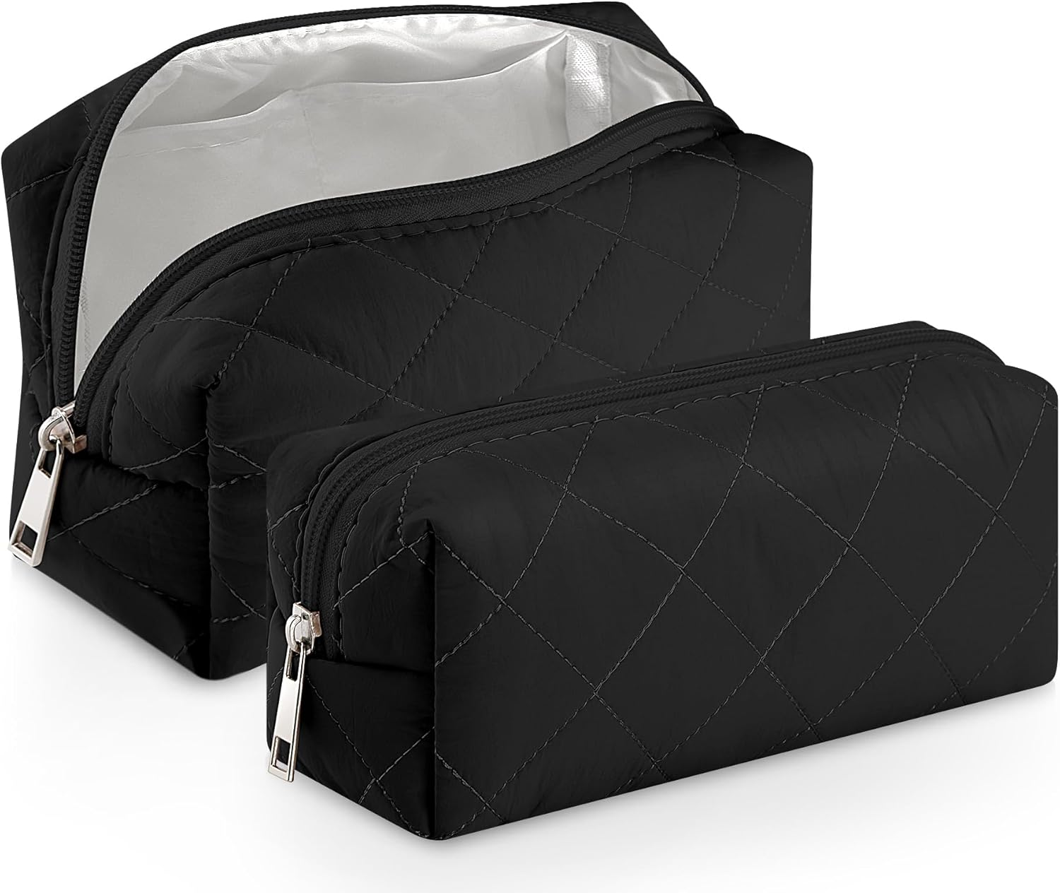 Siltriangle 2 Pcs Valentines Puffy Makeup Bag Quilted Cosmetic Pouch for Women Cute Puffer Makeup Organizer Compact Toiletry Bags Preppy Pencil Case with Zipper Winter Gift for Women Girlfriend, Beige