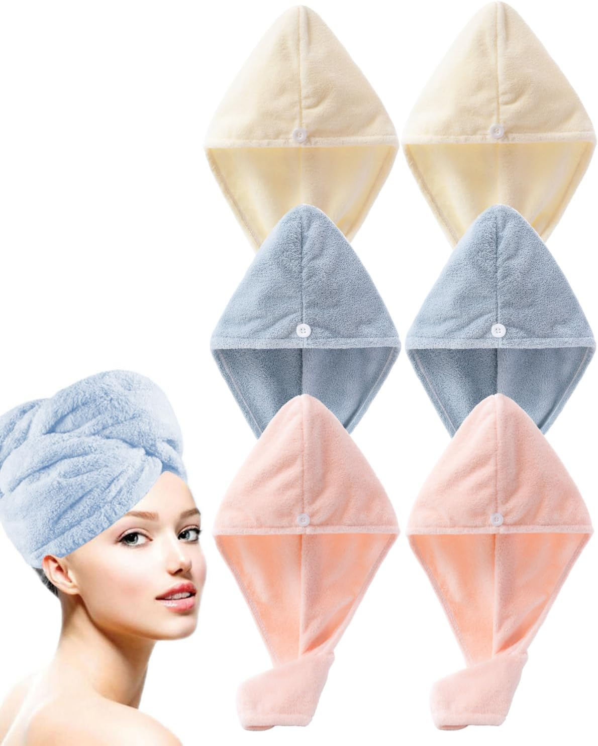 Lumimi 6 Piece Hair Drying Towel Turban Set Beautifully Absorbent Comfortable Soft Light Short Long Hair Wash Light Blue Light Pink White