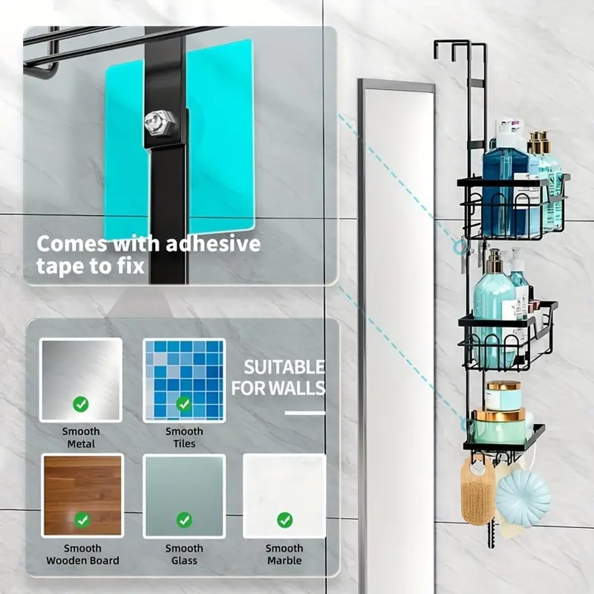 AIMALL 3-Tier Punch-Free Bathroom Storage Rack over Door Hanging Organiser Wall-Mounted Layered Shelf for Shower Room Toiletries and Accessories image number 6