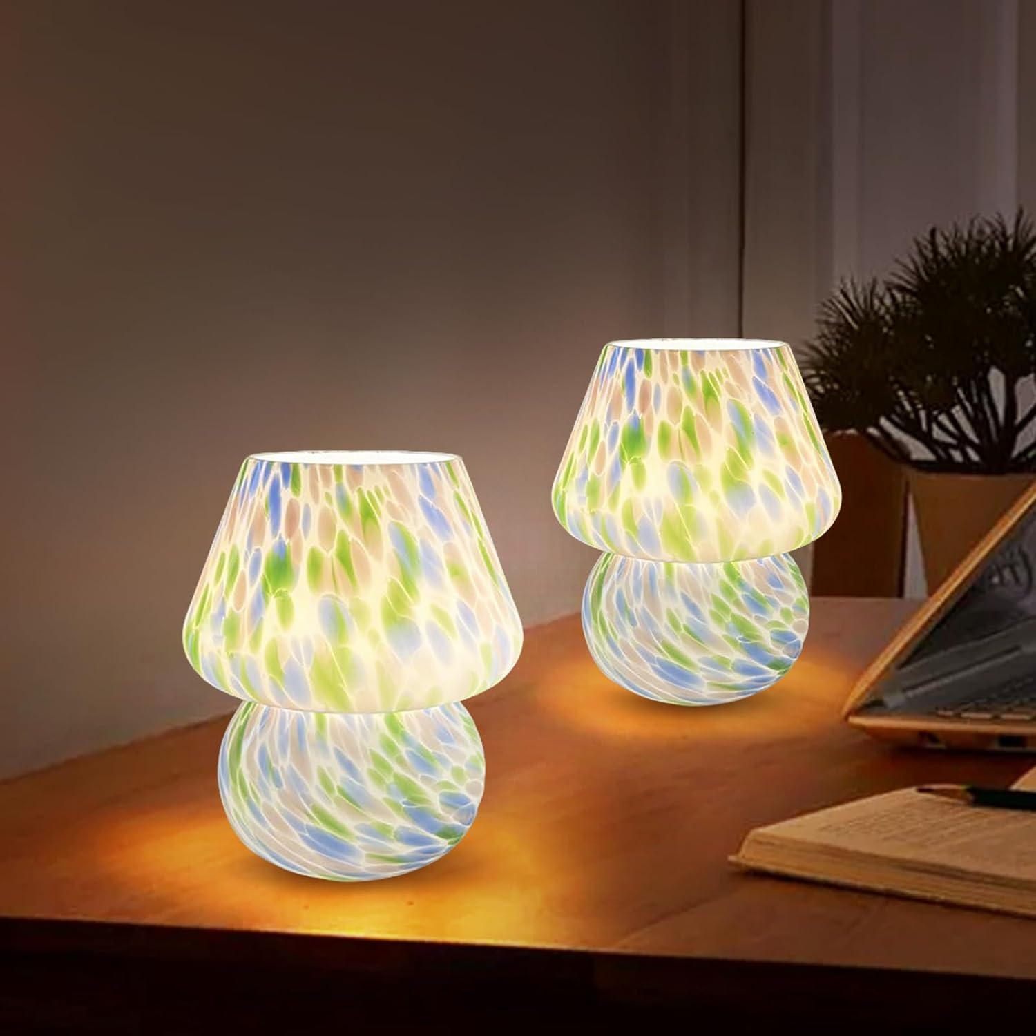 Clora Bedside Table Lamp Set of 2 Glass Mushroom Lamp with 3 Color Temperatures, Small Nightstand Lamp 5W LED Bulb Included Murano Style Cute Home Decor for Living Room Bedroom Office (Amber)