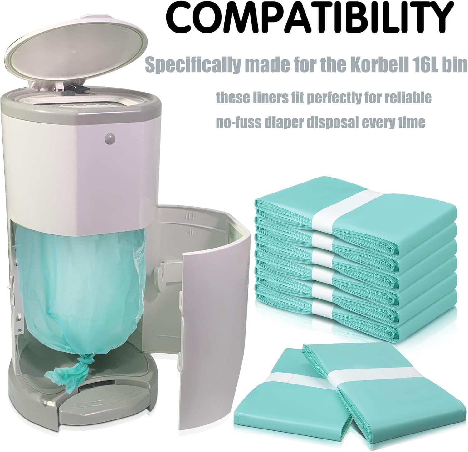 Liner Refills Compatible with Korbell Nappy Disposal Bin Liners Compatible 16L Bin - 8 Rolls/80M Diaper Bag Refill，Odor Lock and Germ Protection, Baby Diaper Pail Liner，Holds up to 1200 Nappies image number 3