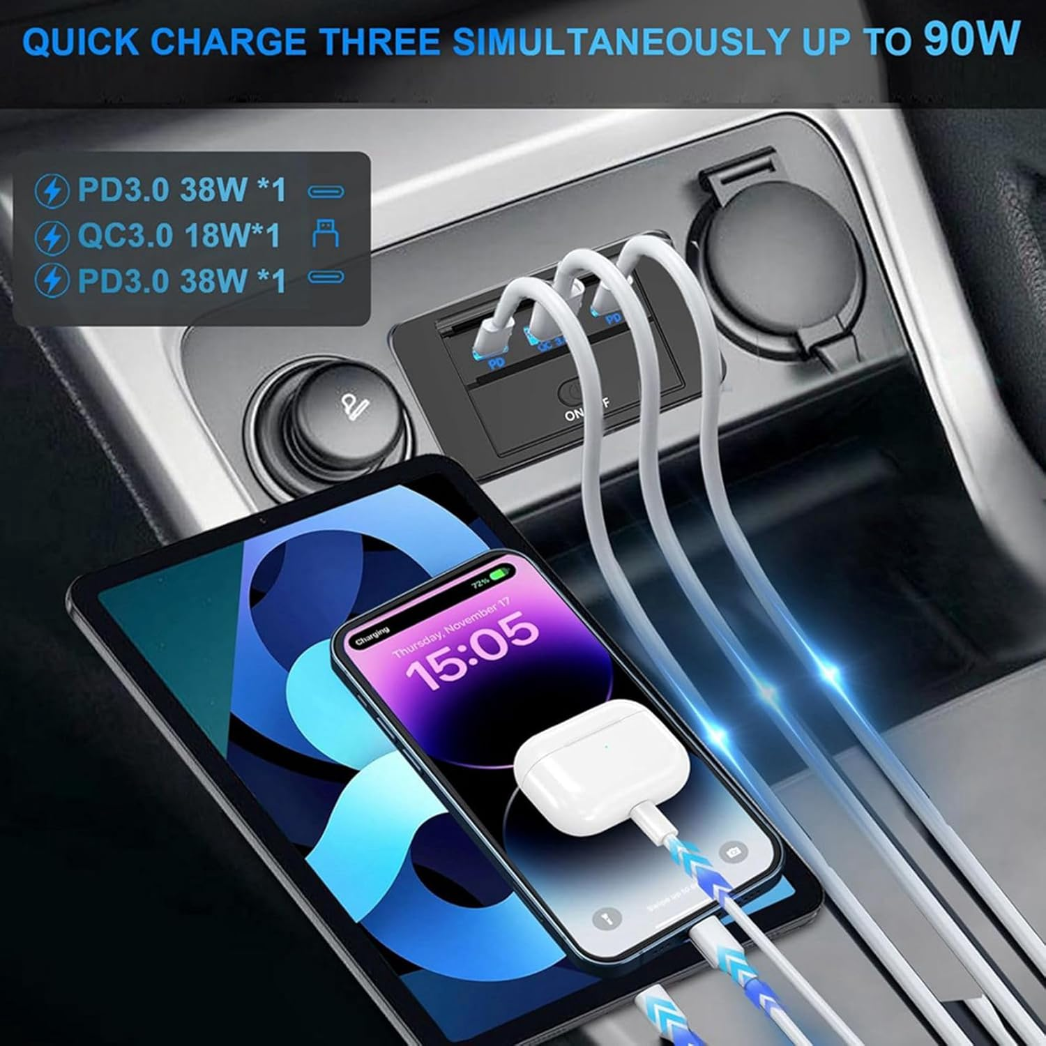 4PCS 3 Ports 12V RV USB Outlet 90W, Dual PD3.0 Type-C Quick Charge 72W & USB QC3.0 18W Panel Wall Mount image number 1