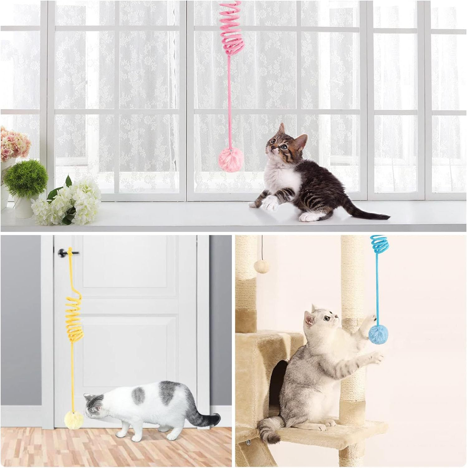 Suction Cup Cat Toys 6 PCS Interactive Play Spring Pom Ball Interactive Cat Play Set with Bell and Adjustable Cord for Indoor Kittens Adult Cats(Pink&Yellow&Blue) image number 1