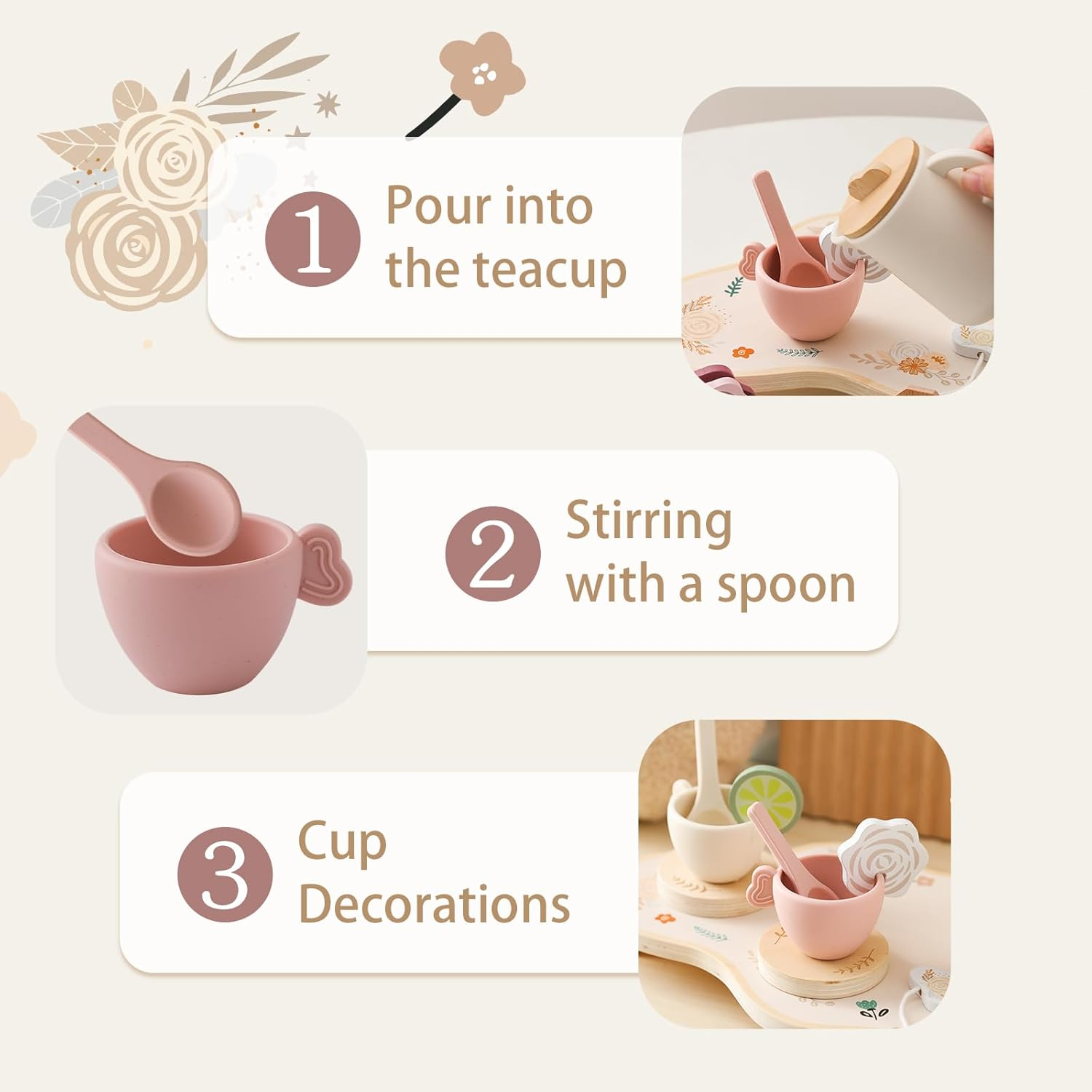 Tea Party Set for Kids - Wooden Tea Set for Little Girls 15PCS Silicone Toddler Tea Set Kitchen Accessories Pretend Play Toy Tea Set for Toddlers - Birthday Gift (Purple) image number 4