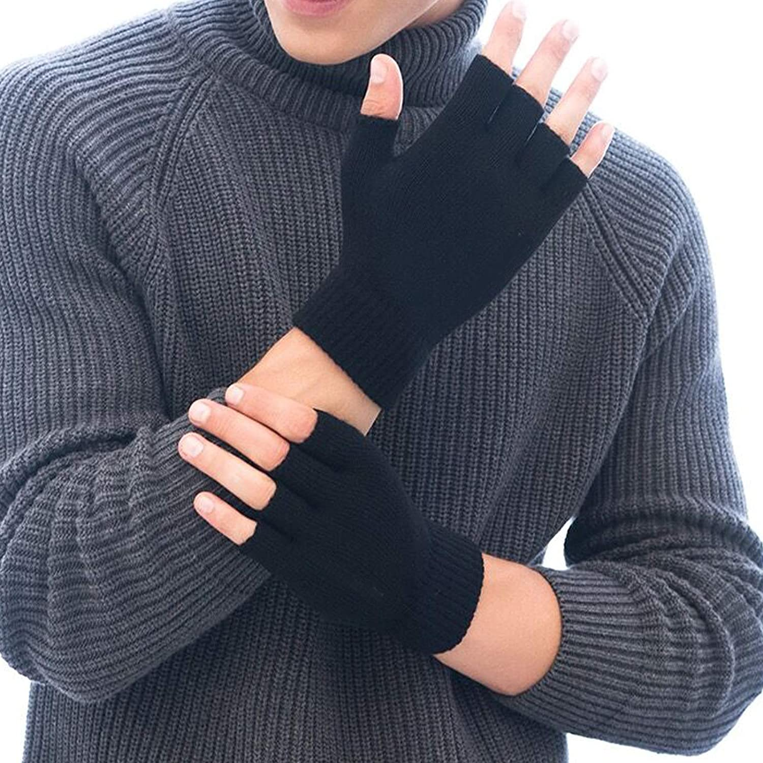 2 Pair Half Finger Gloves Winter Knit Touchscreen Warm Stretchy Mittens Fingerless Gloves in Common Size for Men and Women,Black, Black image number 2