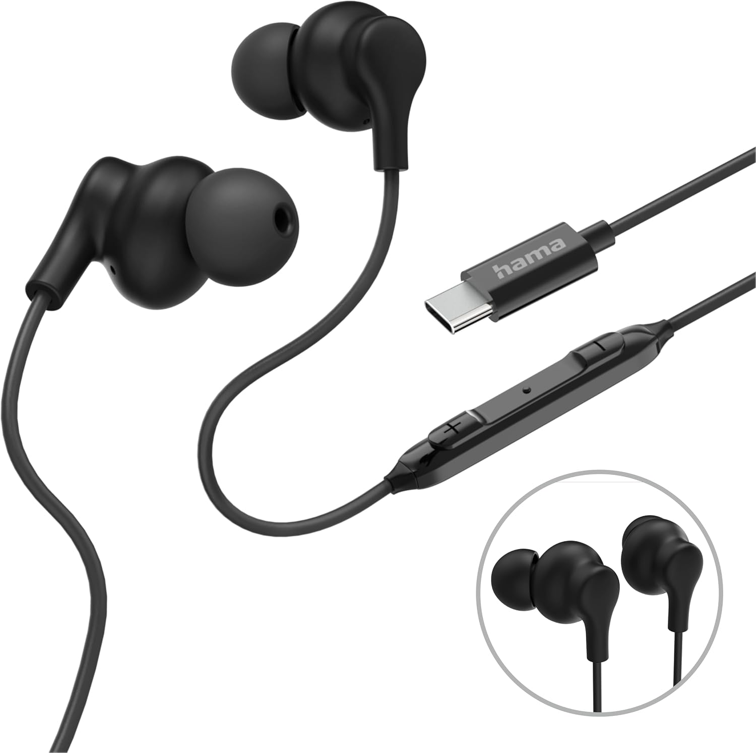 Hama, Curly Headphones, In-Ear, Microphone, Cable Kink Protection, USB-C, Black