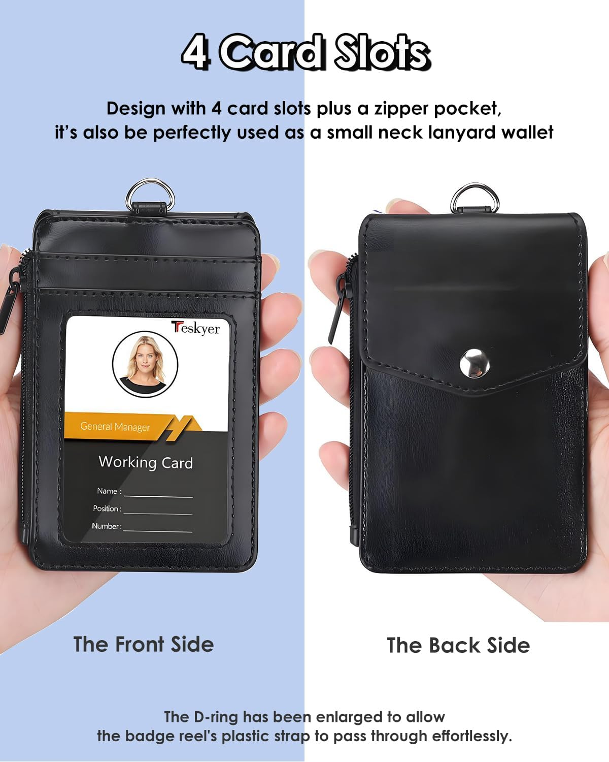 Teskyer Badge Holder with Side Zip Pocket, Multiple Card Slots Leather ID Holder Wallet with Neck Lanyard for Office Staffs, Teachers/Students, Couriers, Workers image number 5