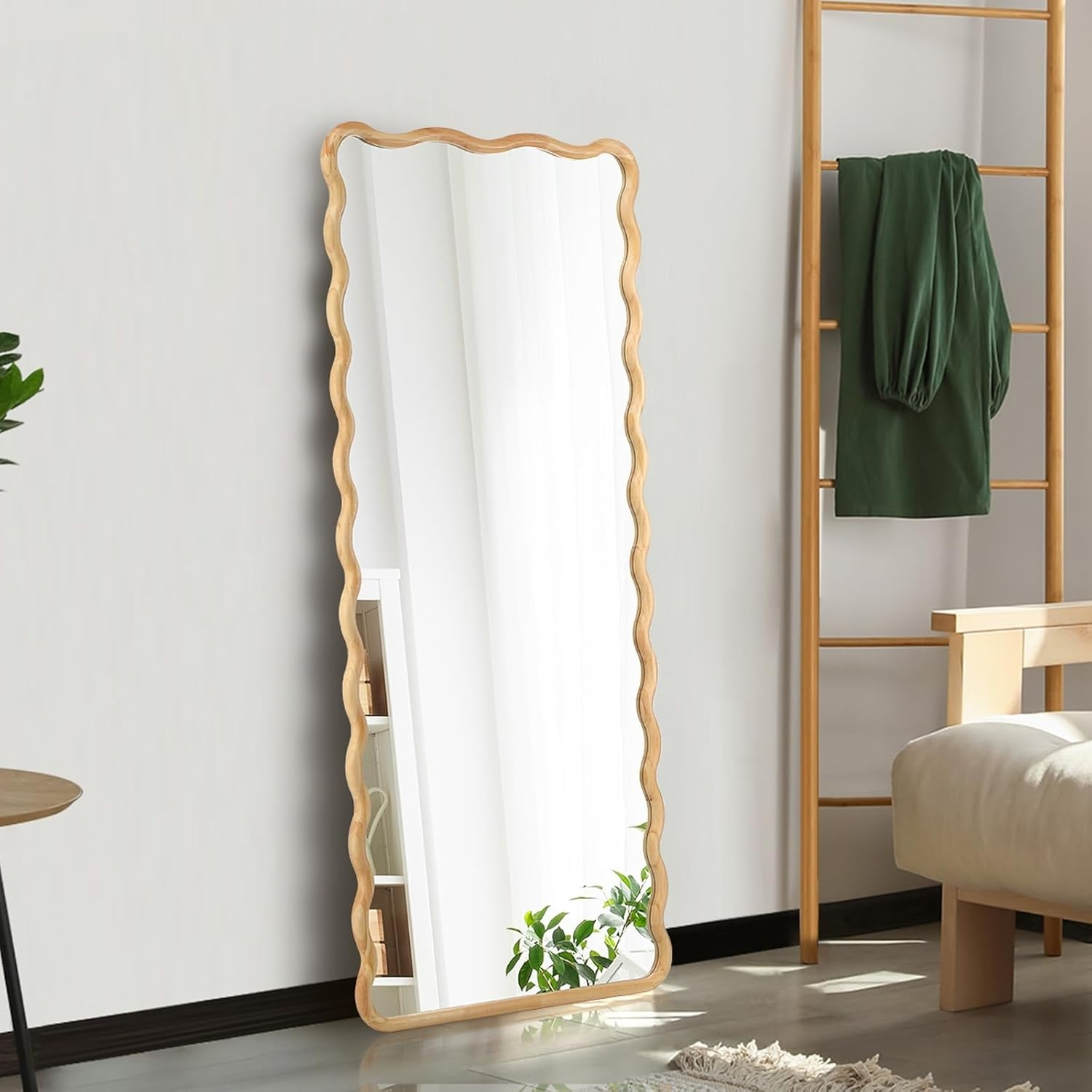Oikiture Wavy Rectangular Full Length Mirror 165X60Cm Floor Mirror with Wooden Frame HD Reflections for Home Bedroom Living Room Dressing Room