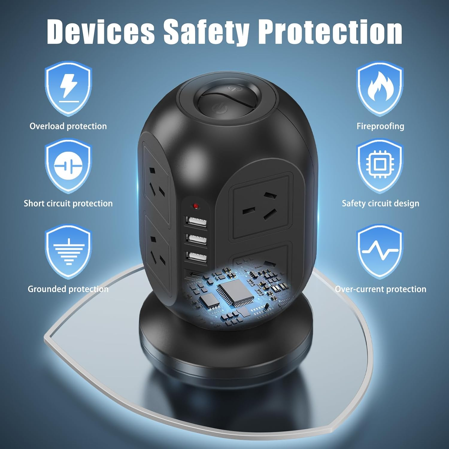 HITRENDS Tower Power Board with USB C, Surge Protection Powerboard with 8 AC Outlets & 4 USB(3 USB-A & 1 Type-C), Power Strip with 2M/6.5FT Extension Cord and Switch for Office Home image number 6