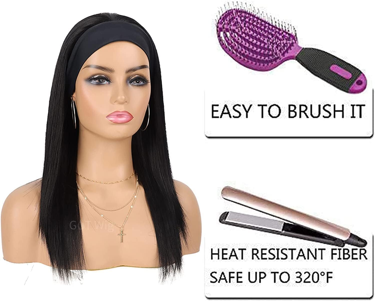 Headband Wig for Women Black Straight Synthetic Headband Wig Glueless Heat Resistant Natutal Looking for Daily Party Use (Black, 26 Inch) image number 1