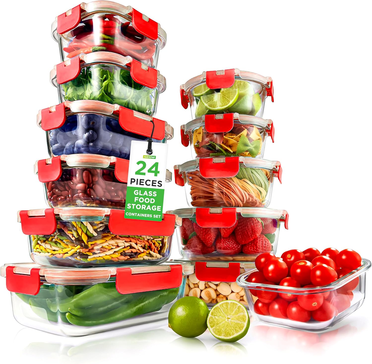 Nutrichef Glass Food Storage Containers with Lids &ndash; 12-Pack Leak-Proof Meal Prep Containers, Bpa-Free, Freezer-To-Oven & Dishwasher Safe, Airtight, Stackable (Grey)