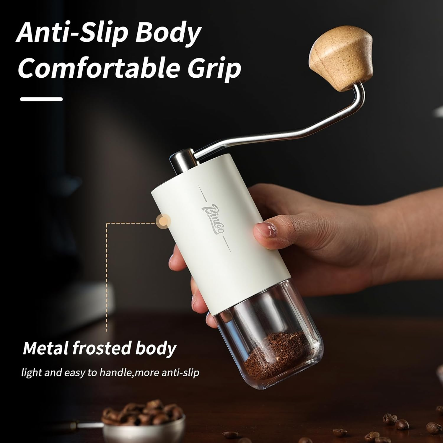 Portable Manual Coffee Bean Grinder - Stainless Steel Conical Burr Hand Coffee Grinder with Adjustable Setting,Double Bearing Hand Espresso Grinder (White) - Silver image number 2