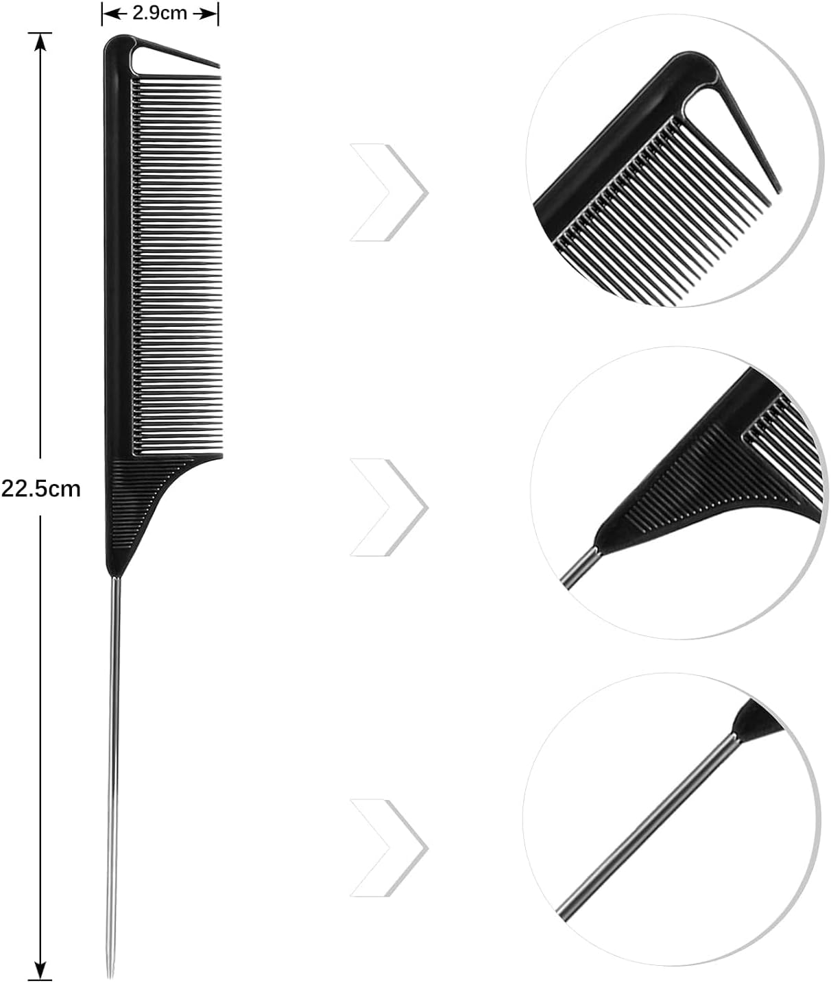 3 Pack Rat Tail Comb, Long Steel Pin Teasing Combs with Stainless Steel Pintail for Salon Hair Stylists, Metal Parting Combs for Women, Purple/Black/Pink image number 2