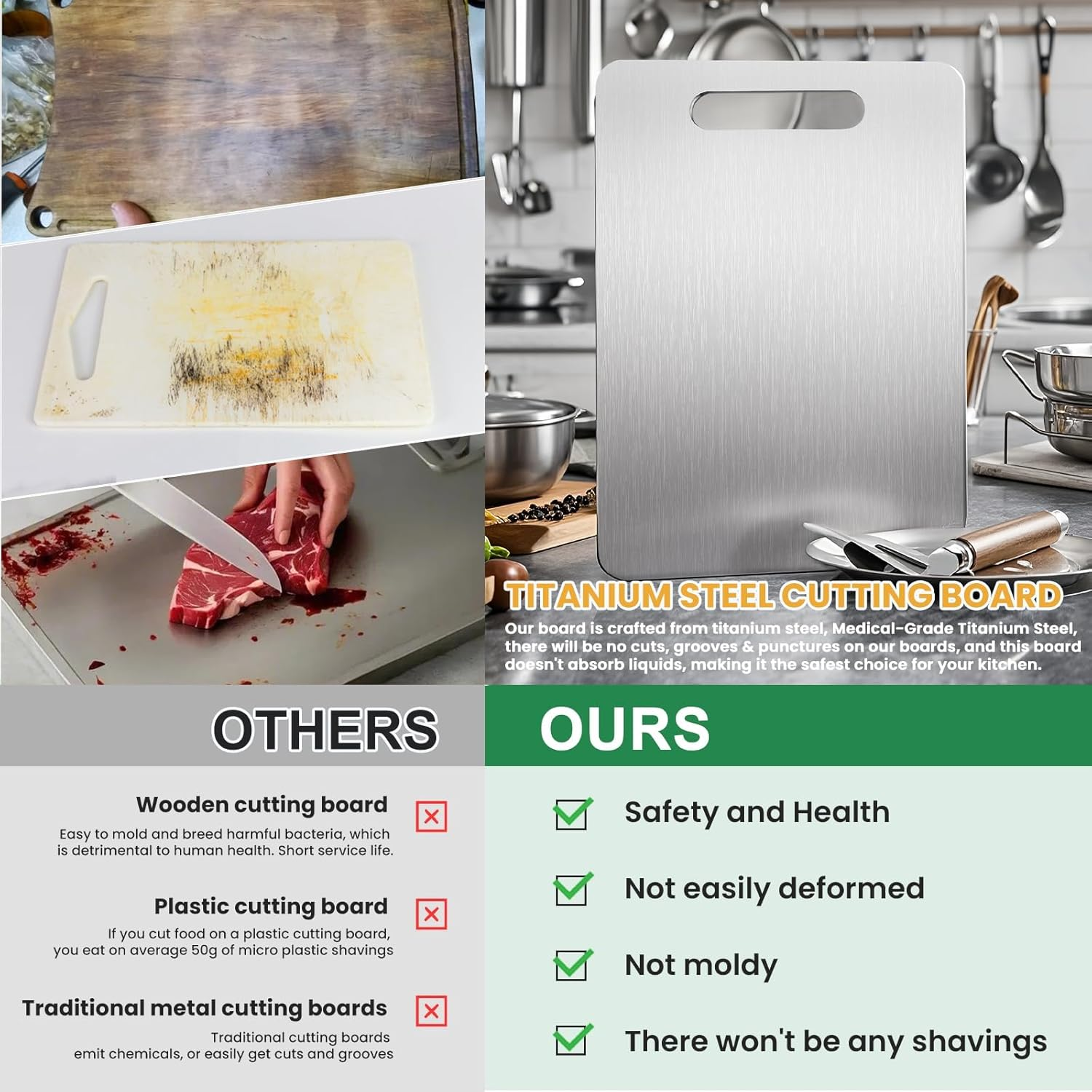 Spardar 3PCS Stainless Steel Chopping Board, Machine-Washable Double-Sided Cutting Board Set, Durable and Scratch-Free, Non-Stick and Easy to Clean, for Cutting Fruits & Veggies, Meat and Seafood