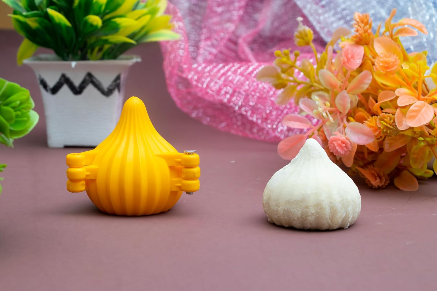 Garden of Arts Plastic 2 Pieces Small and Medium 3 Fold Modak Maker Mould for Ganpati, Diwali, Dussehra, and Other Festival, Orange,7X7X2 Cm